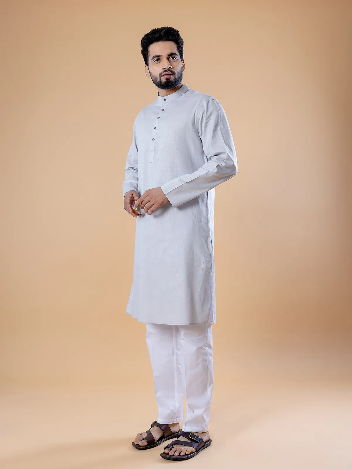 Plain cotton light grey  Men Kurta pajama