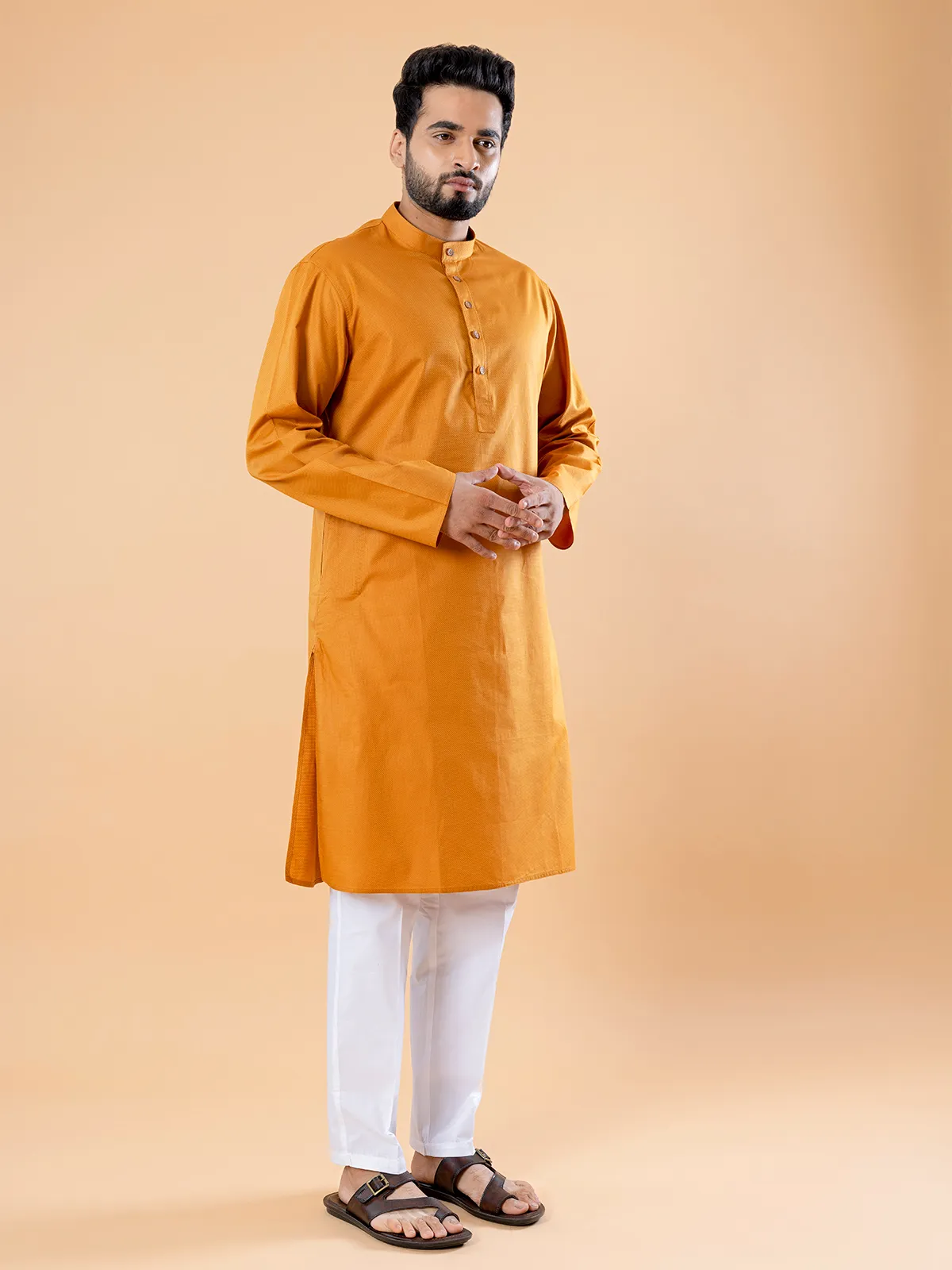 Plain cotton mustard yellow kurta suit