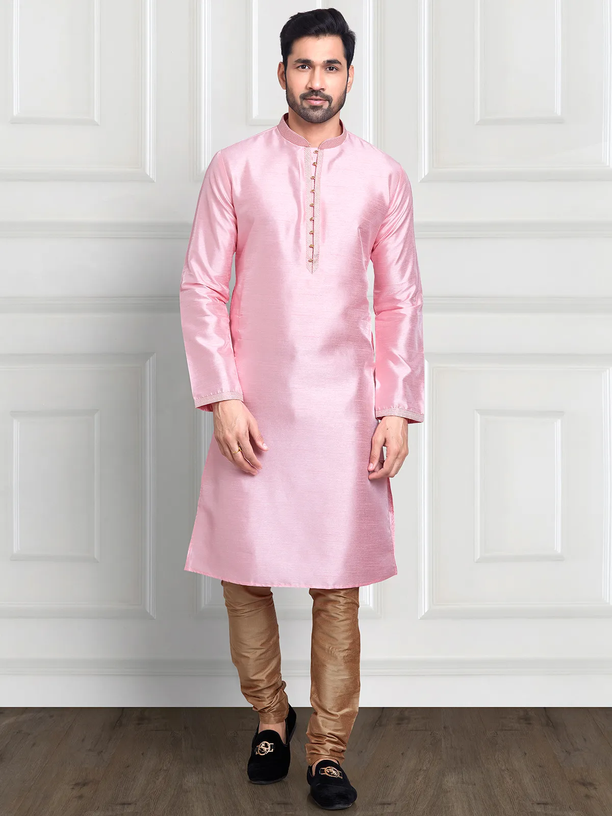 Plain light pink cotton silk  Men Kurta pajama