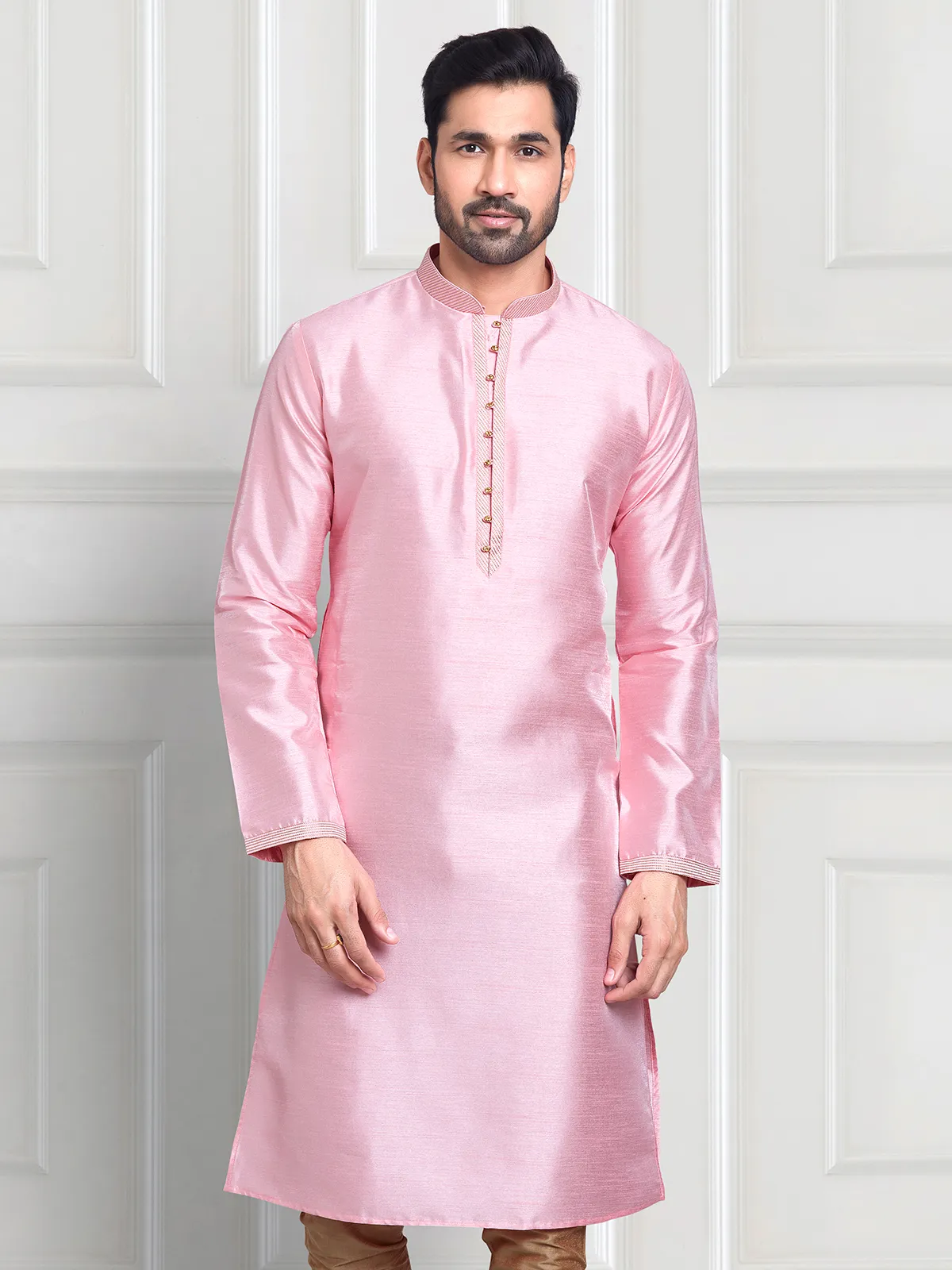 Plain light pink cotton silk  Men Kurta pajama