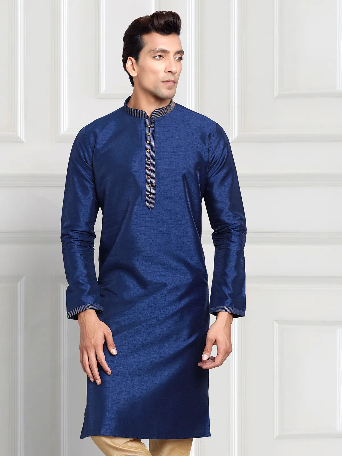 Plain navy cotton silk  Men Kurta pajama