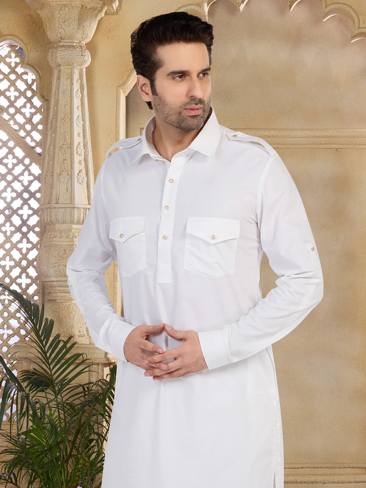 Plain off-white cotton pathani suit