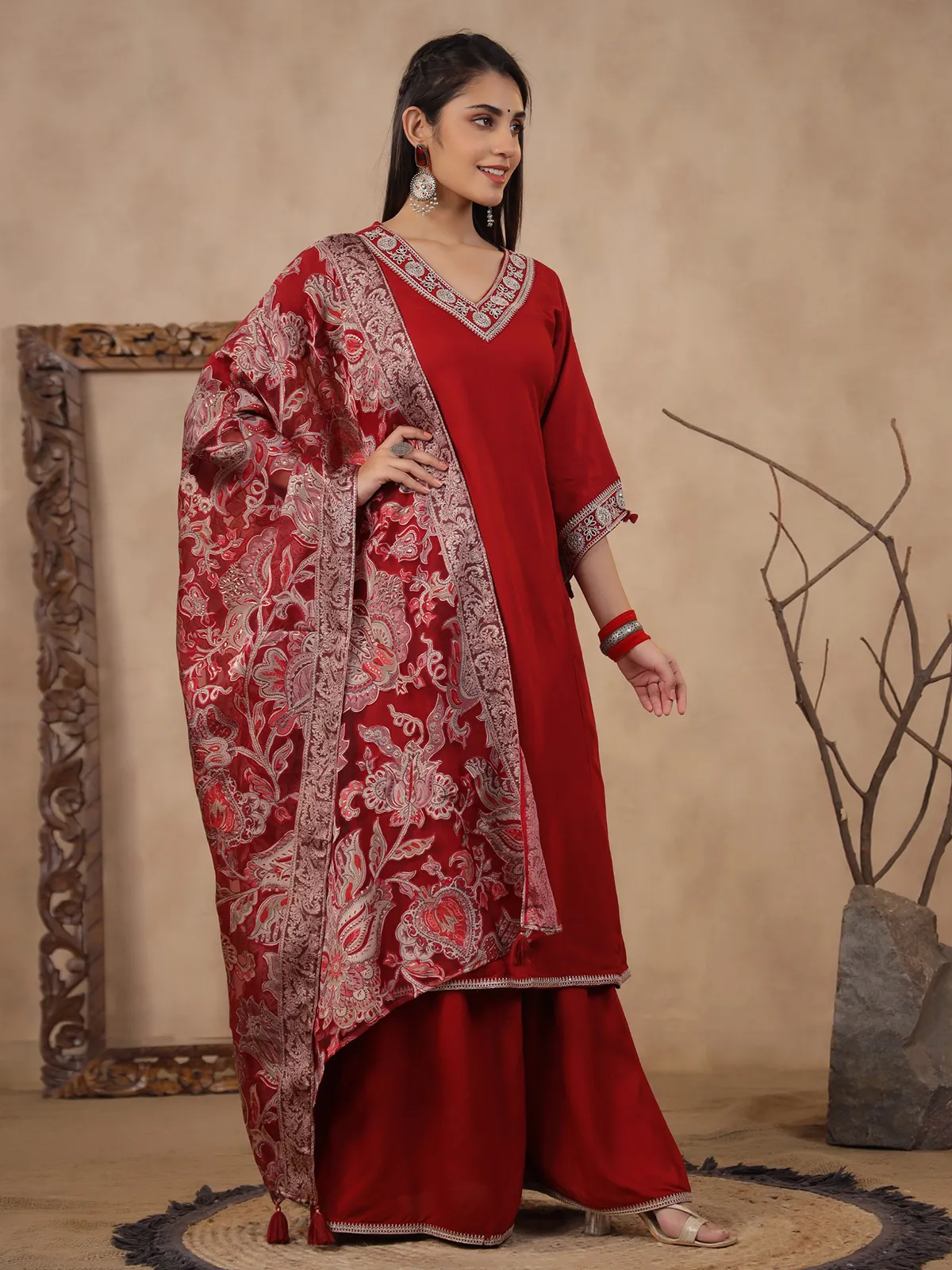 Plain red silk palazzo set