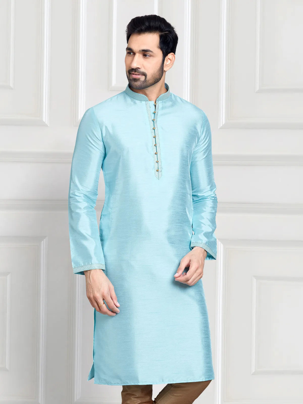 Plain sky blue cotton silk kurta suit