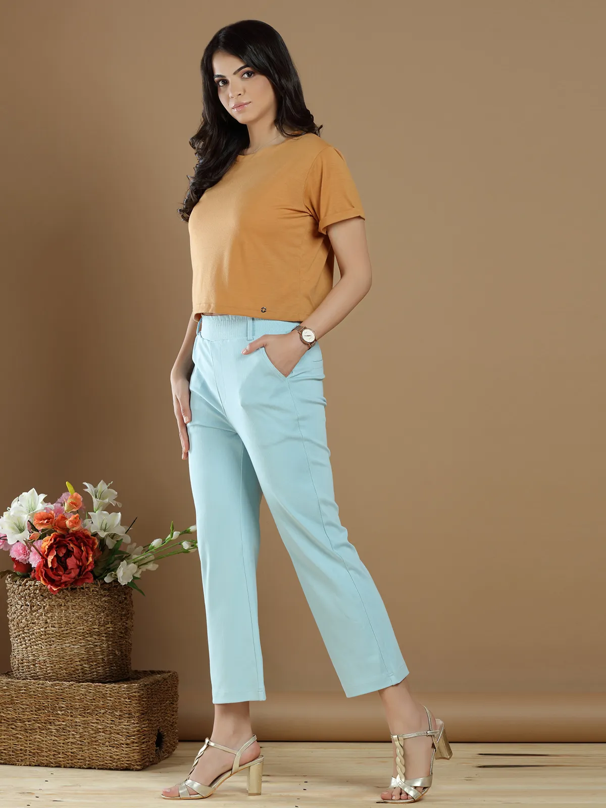 Powder blue cotton casual look plain pant