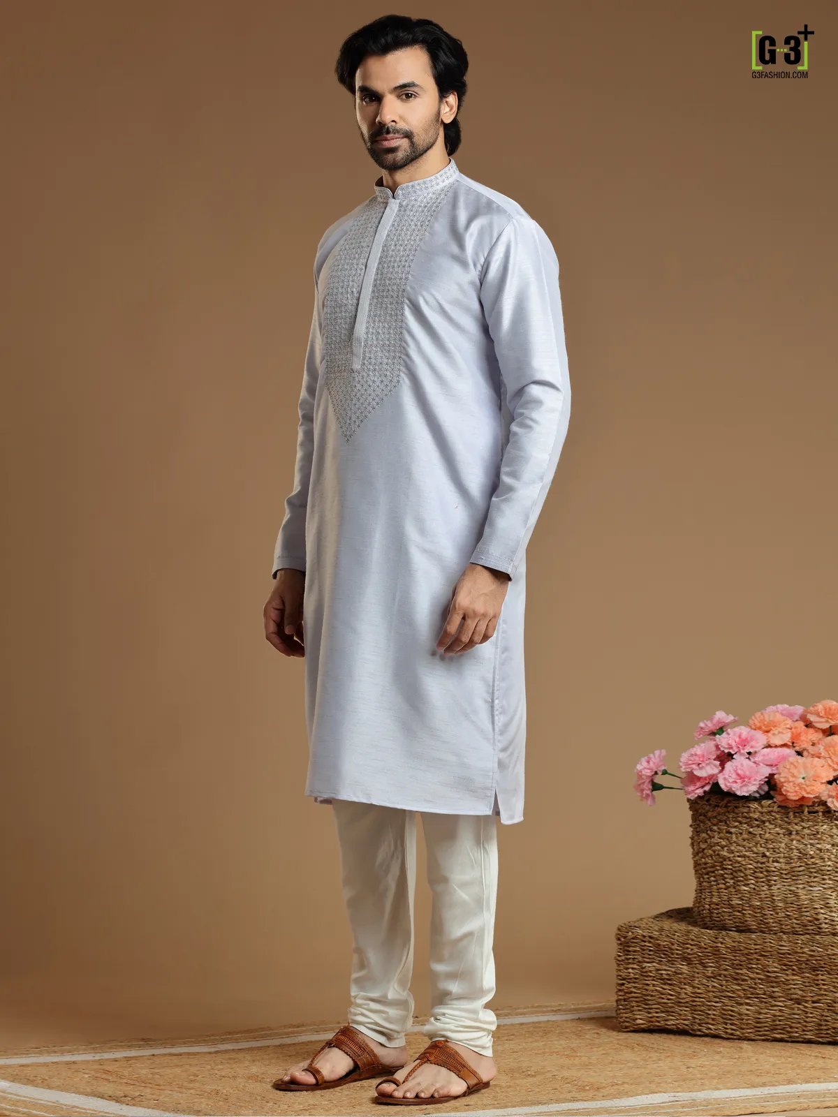 Grey festive wear cotton silk  Men Kurta pajama