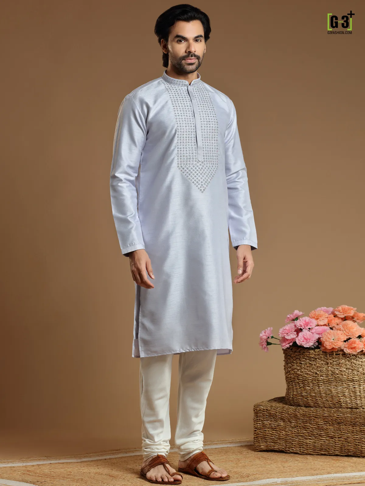 Grey festive wear cotton silk  Men Kurta pajama