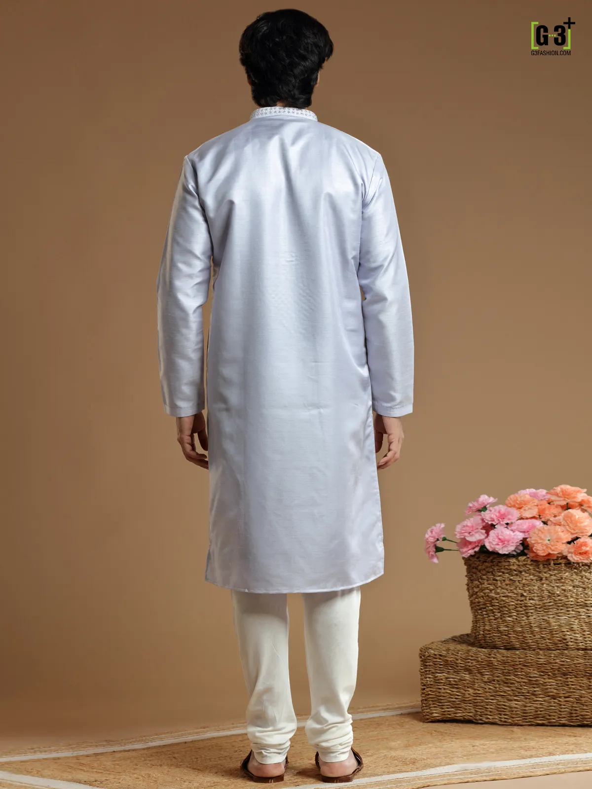 Grey festive wear cotton silk kurta suit