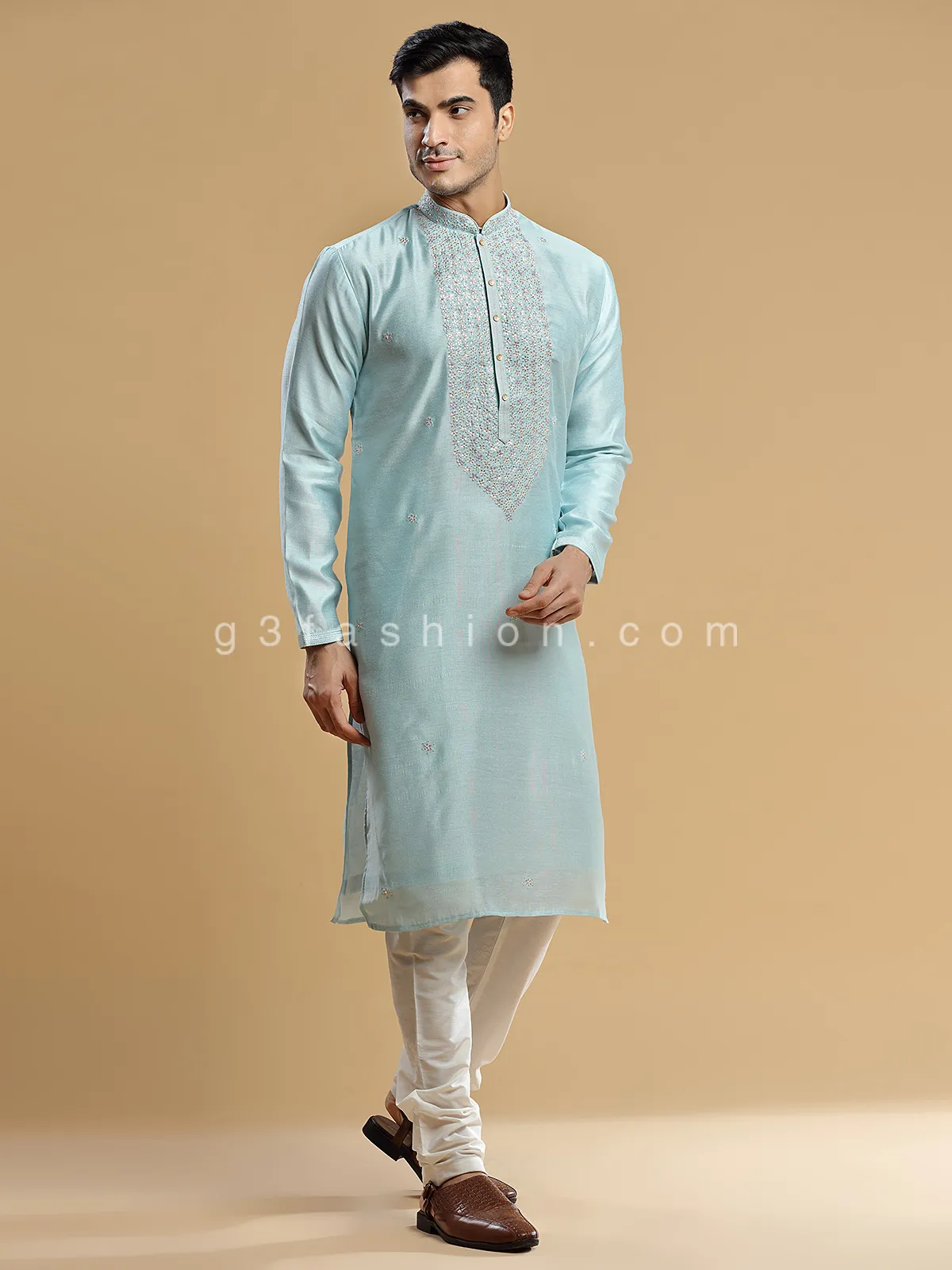 Powder blue silk festive wear  Men Kurta pajama