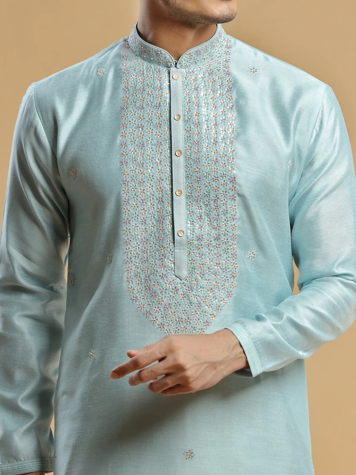 Powder blue silk festive wear kurta suit