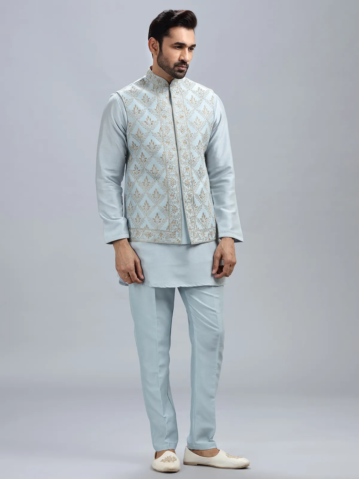 Powder blue silk waistcoat set for men