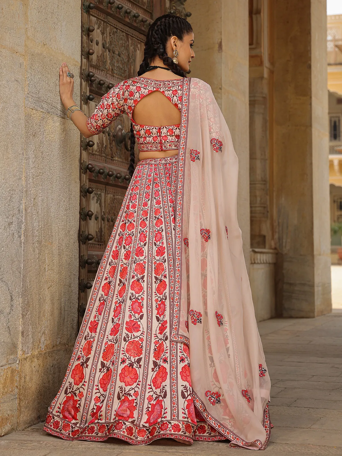 Powder pink printed lehenga choli in silk