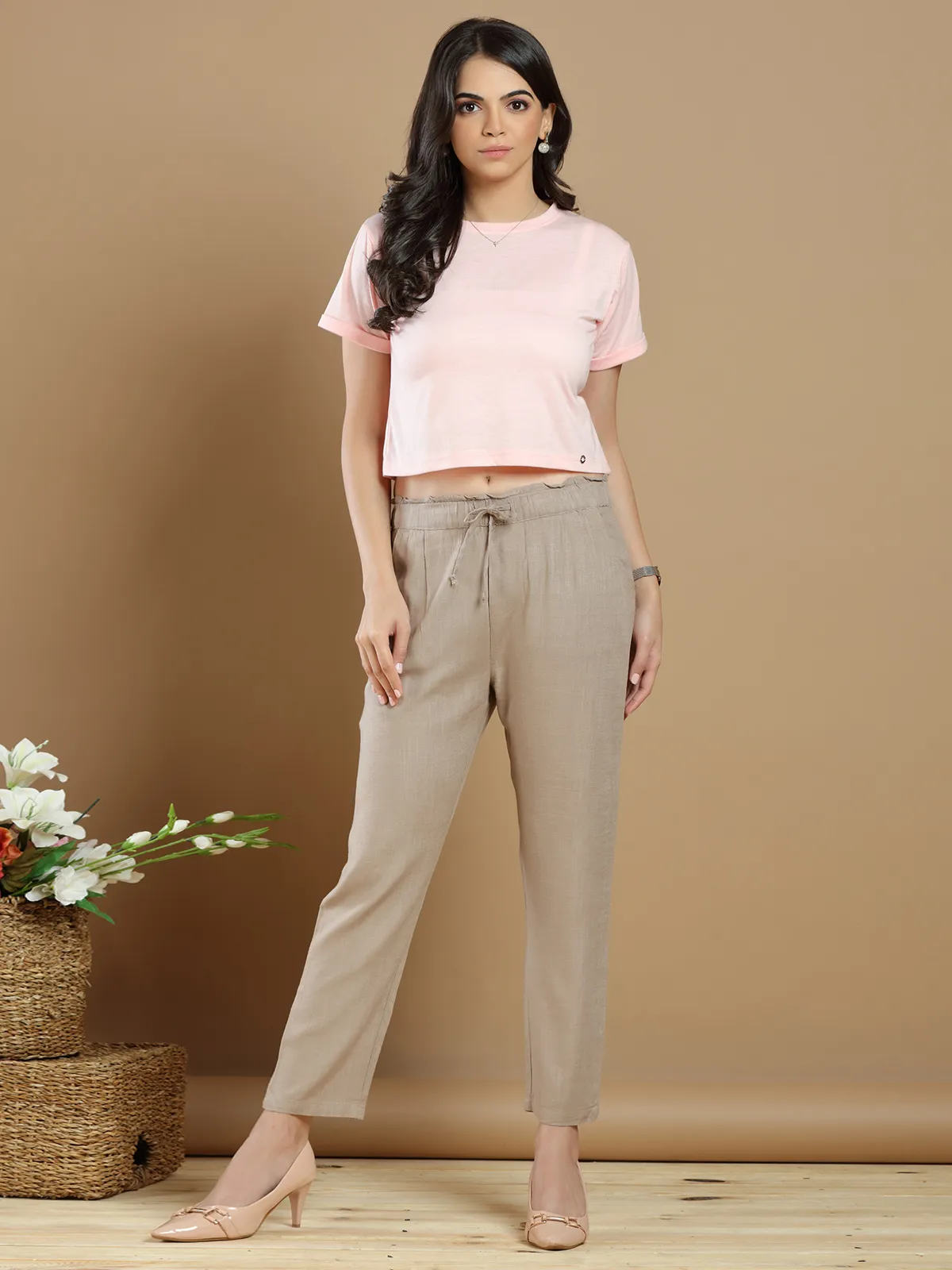 Pretty linen pant for causal wear in fawn beige