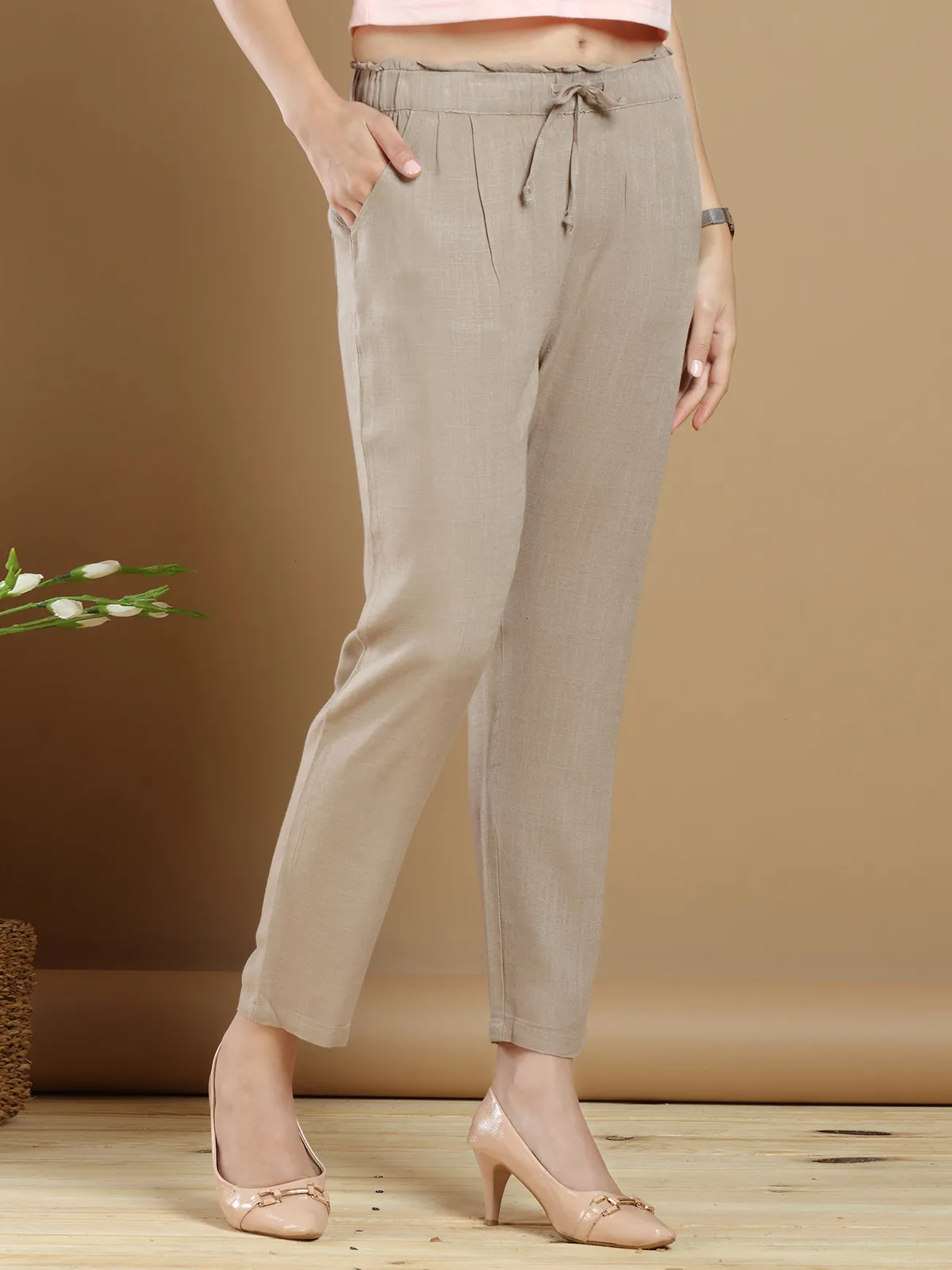 Pretty linen pant for causal wear in fawn beige