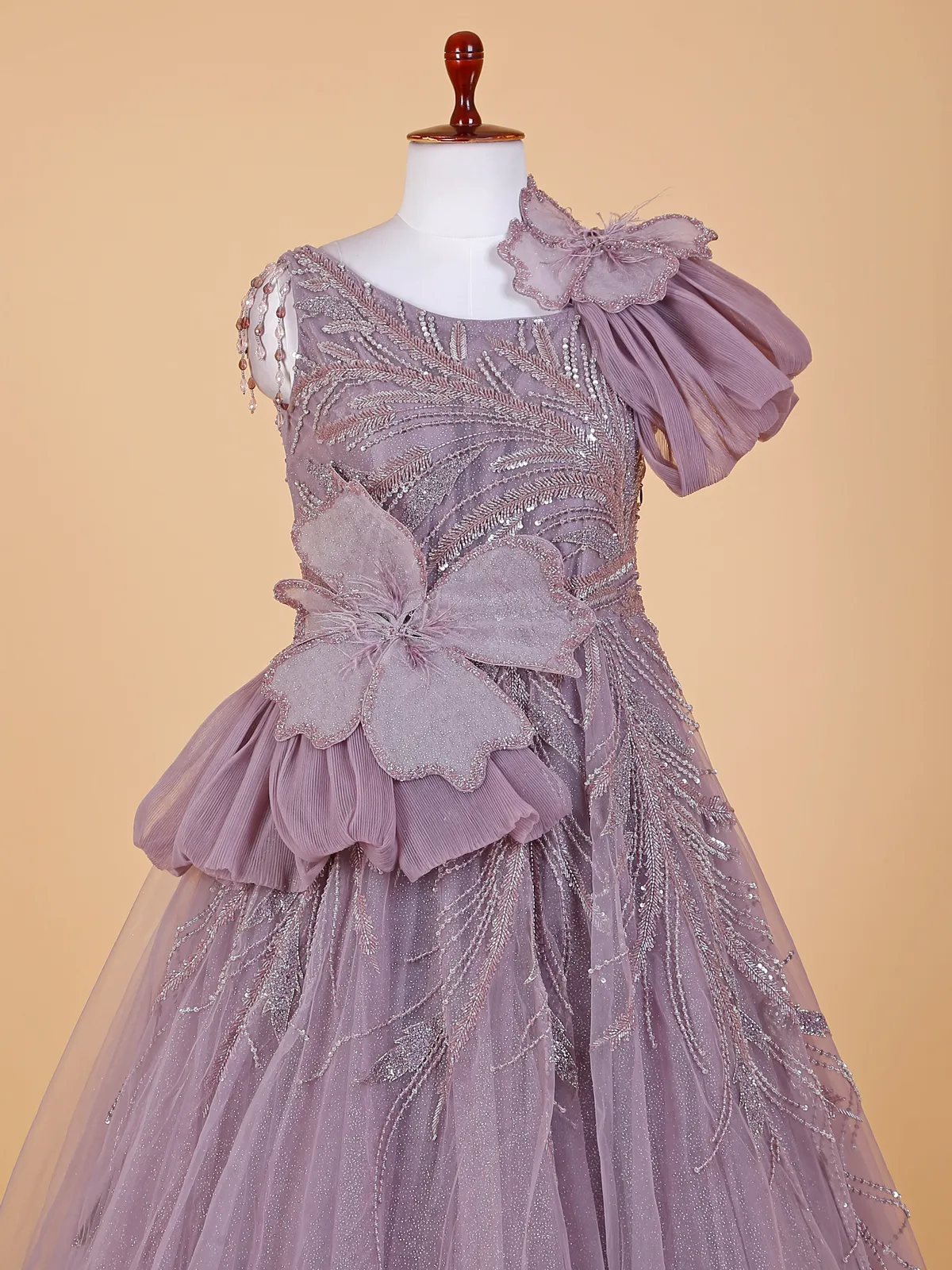 Pretty light purple net designer gown