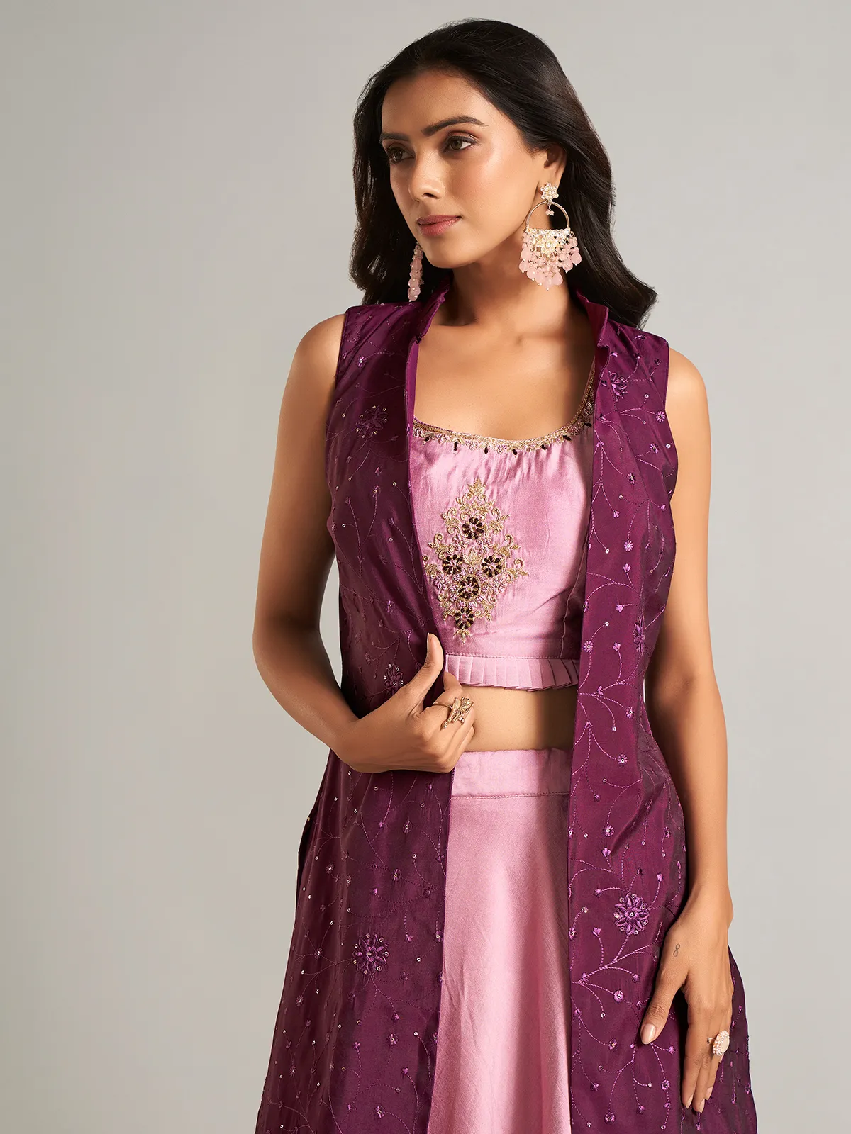Pretty pink silk jacket style lehenga choli