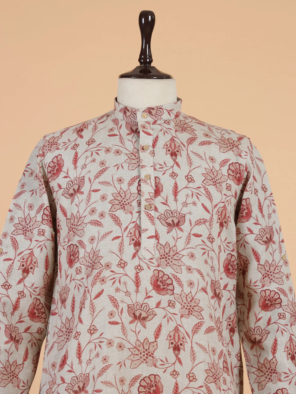 Printed beige cotton kurta set for men