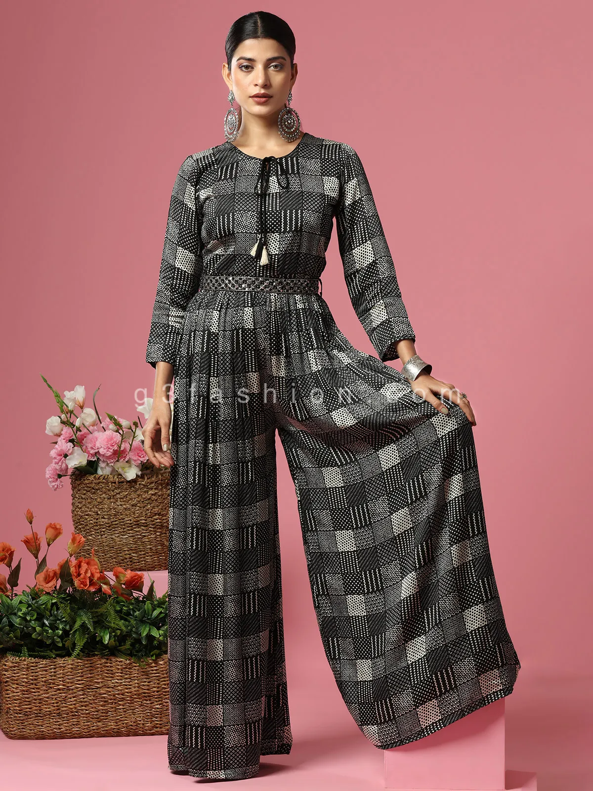 Printed black satin silk party wear jumpsuit