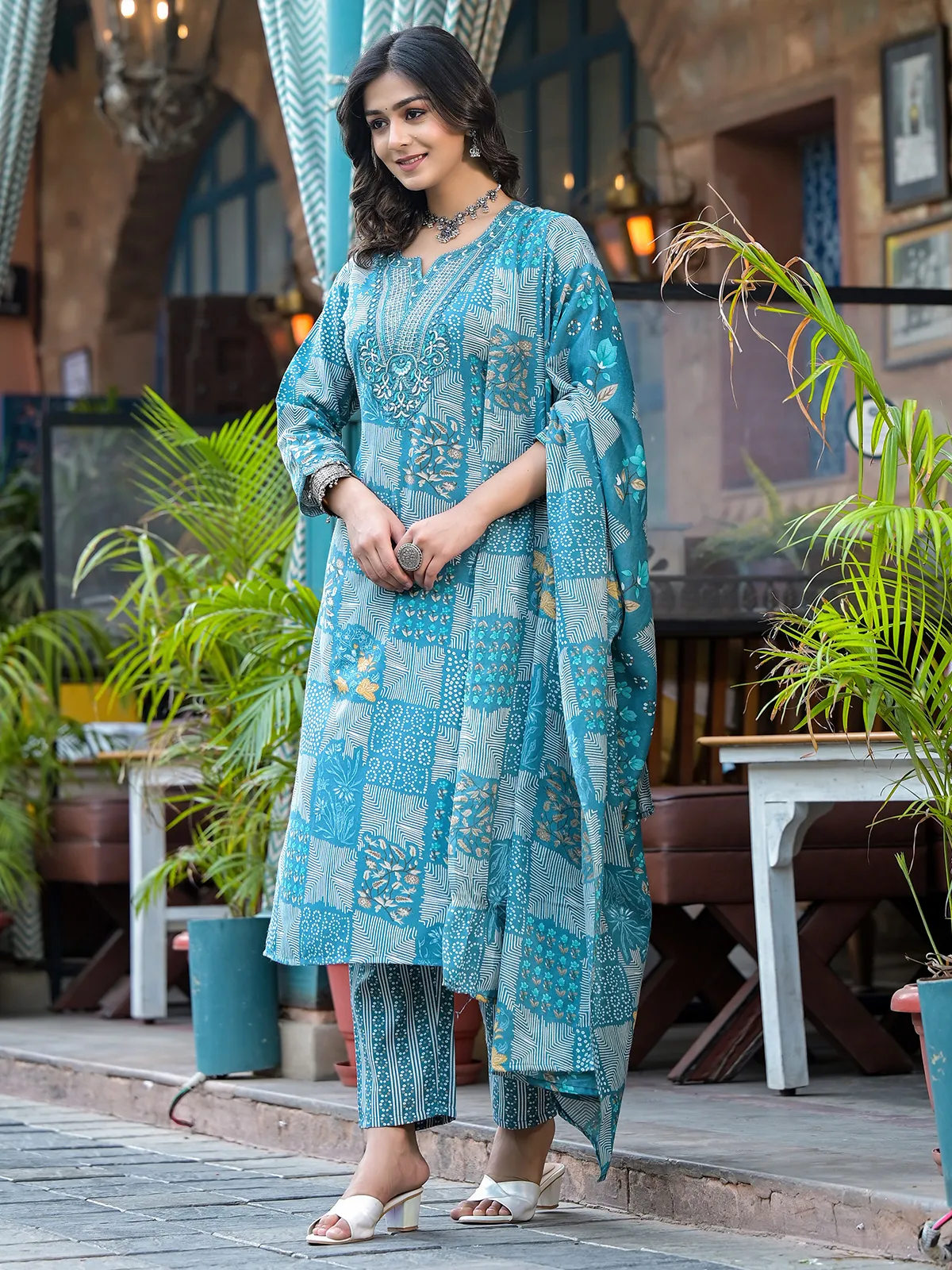Printed blue kurti set in cotton