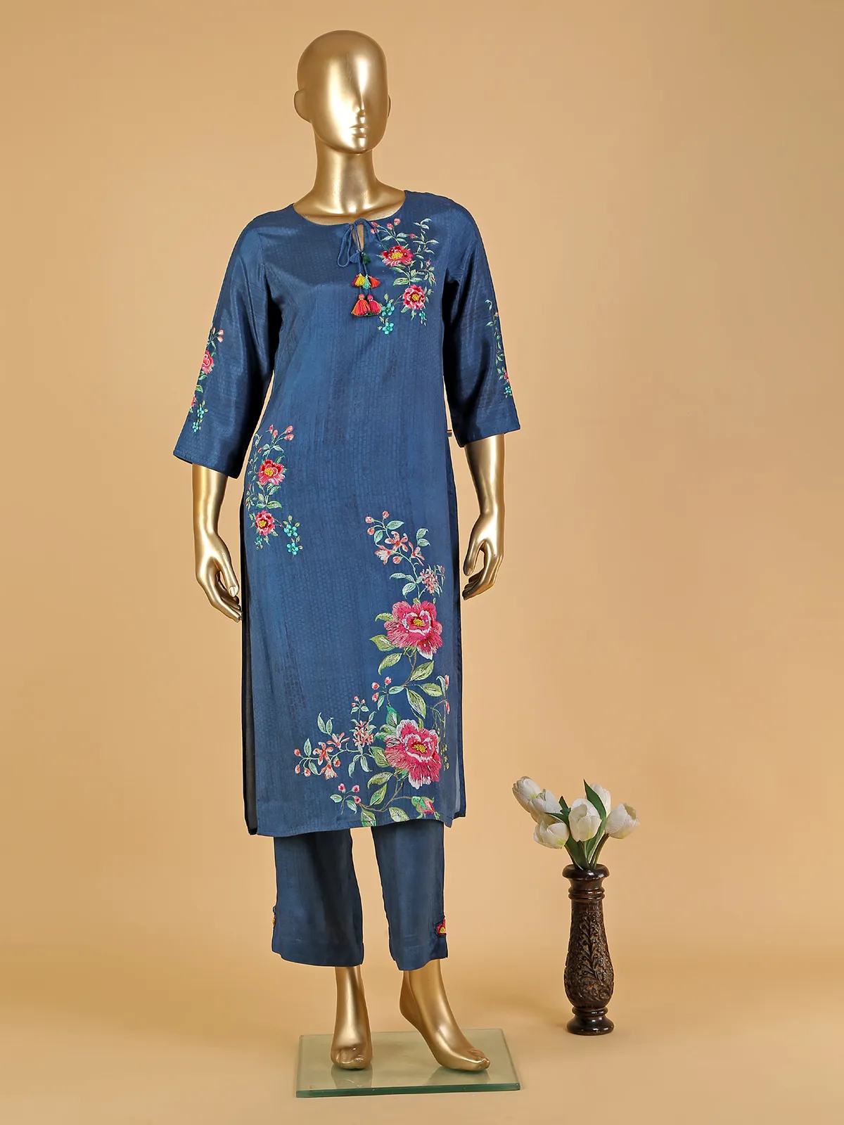 Printed blue kurti with pant in silk