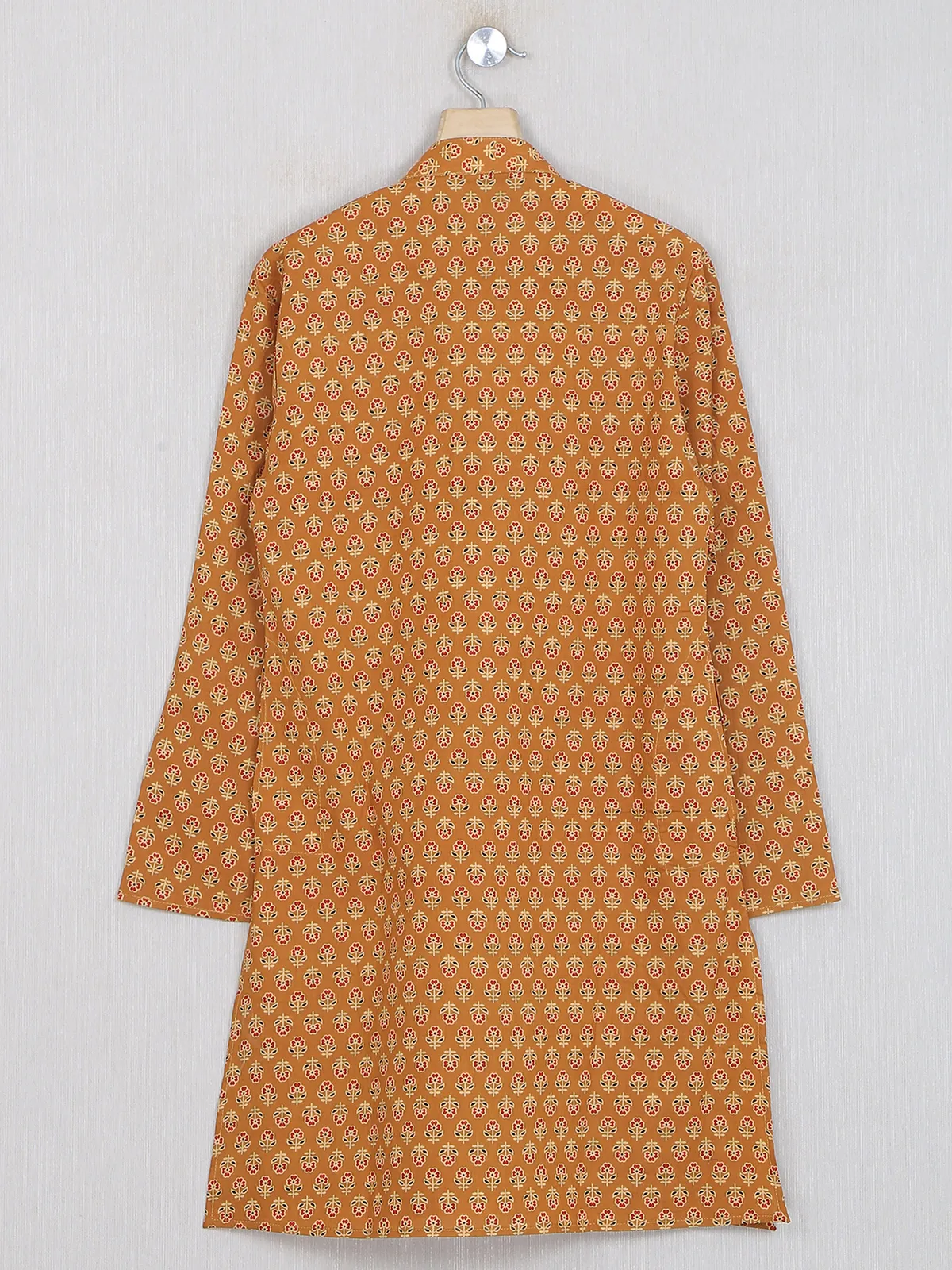 Printed bronze orange cotton kurta suit