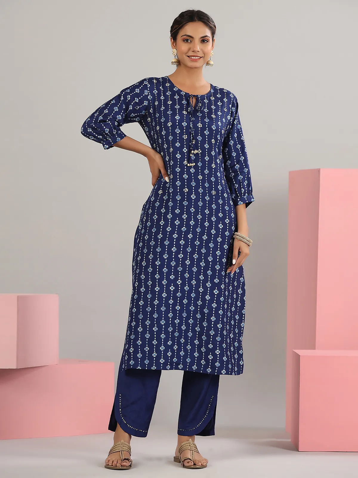 Printed cotton dark blue kurti with pant