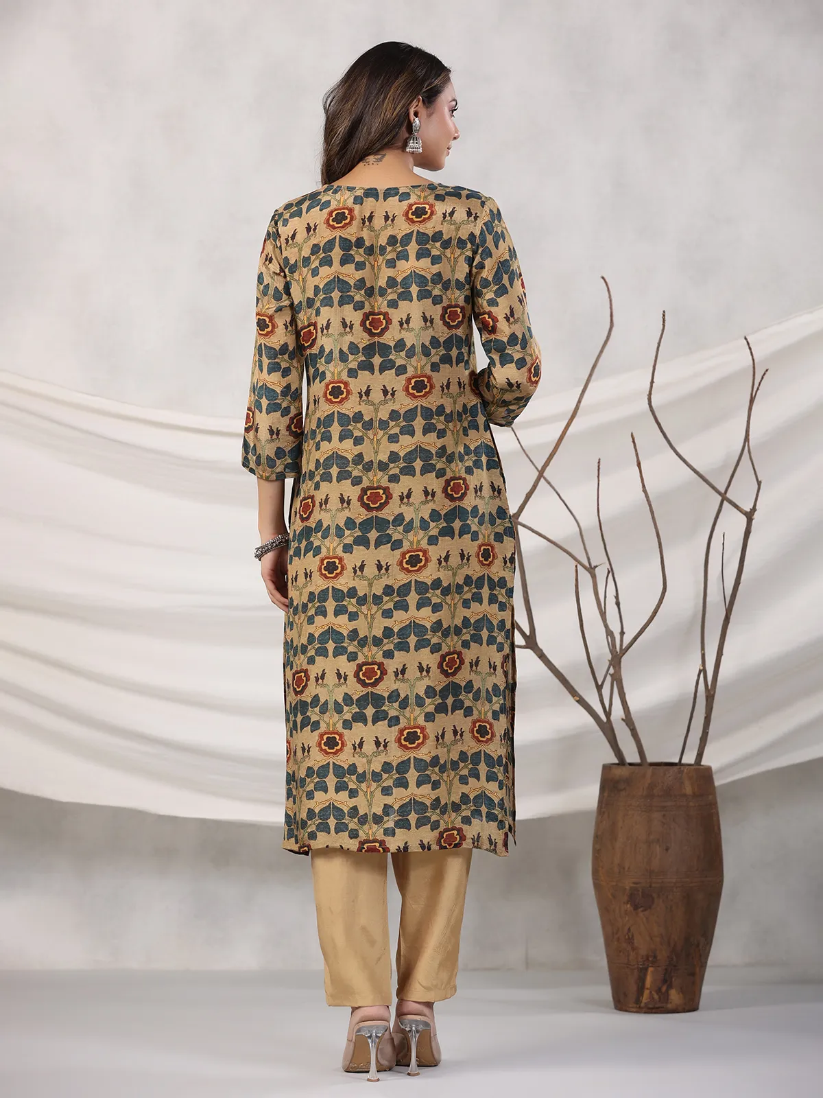 Printed cotton khaki kurti with pant