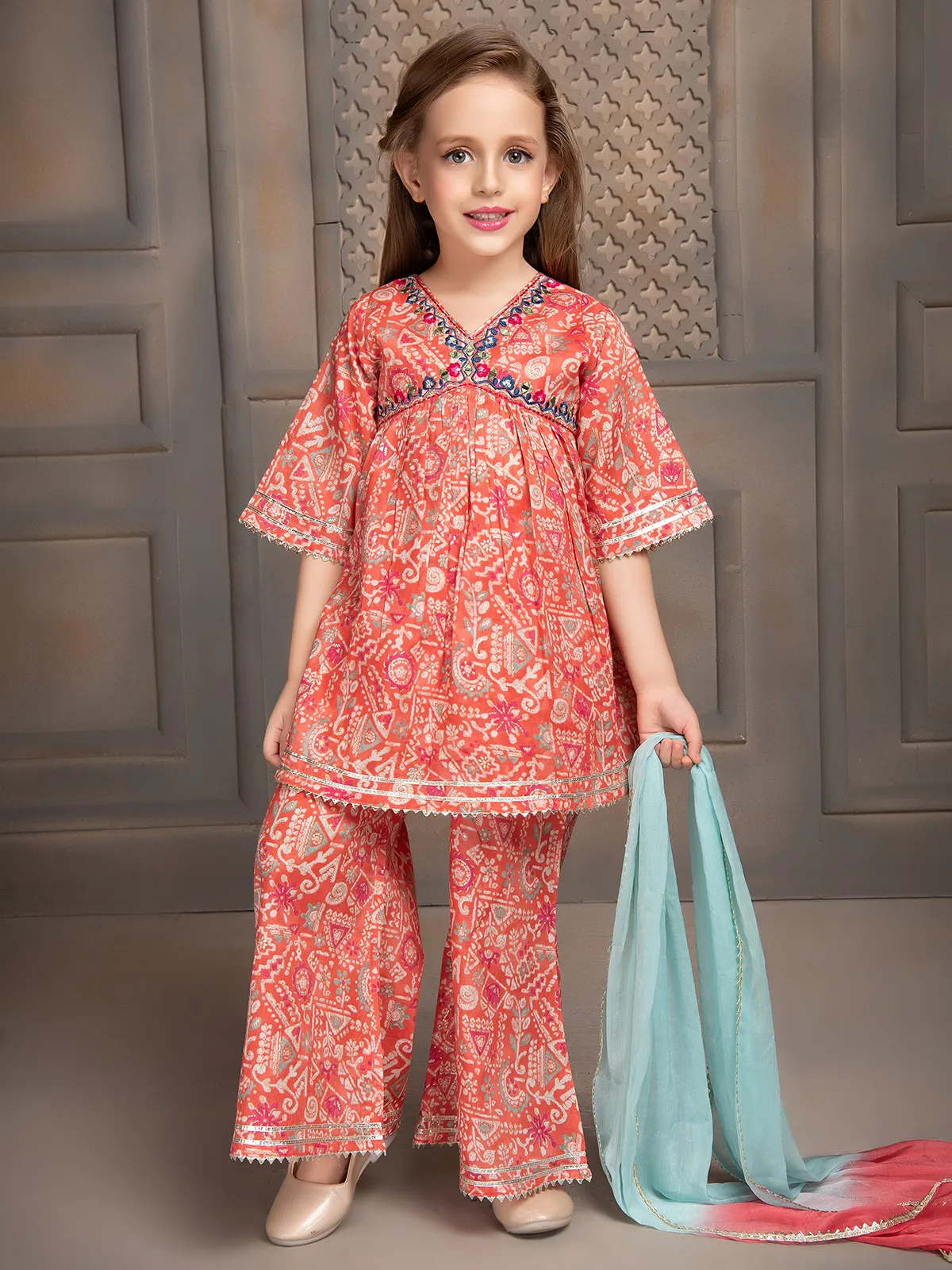 Printed cotton peach palazzo suit