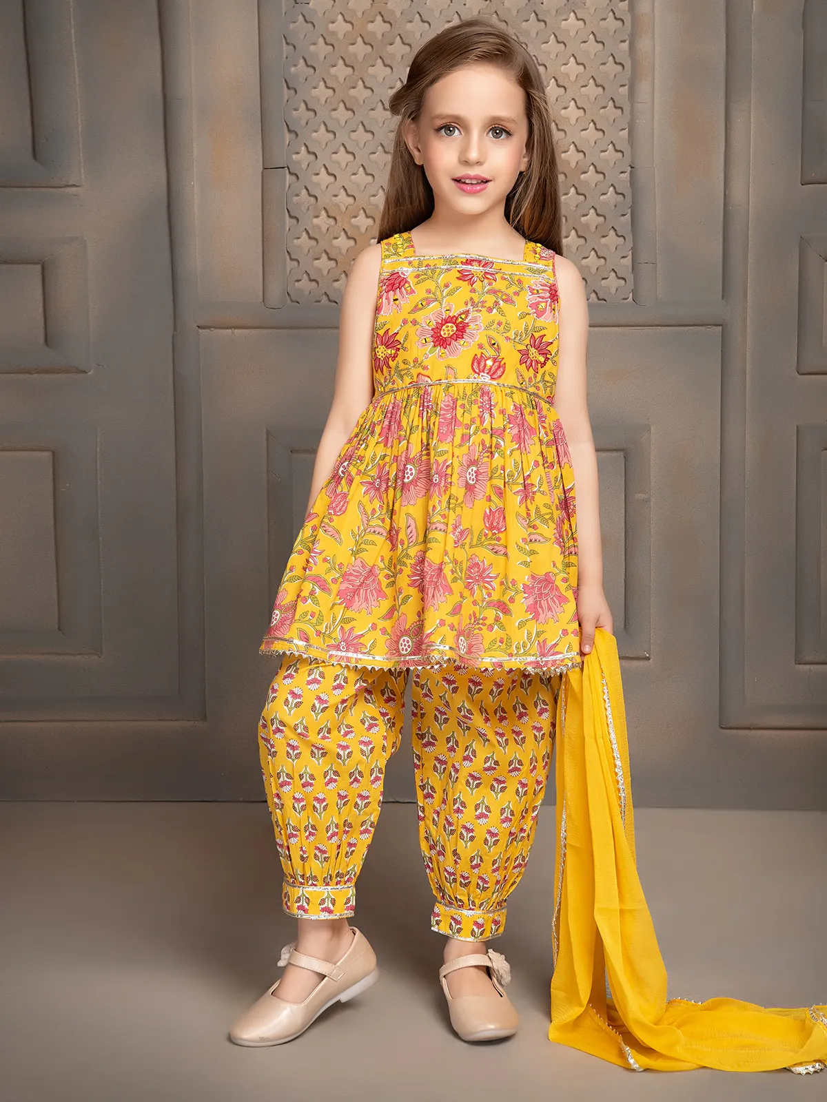 Printed cotton yellow salwar suit