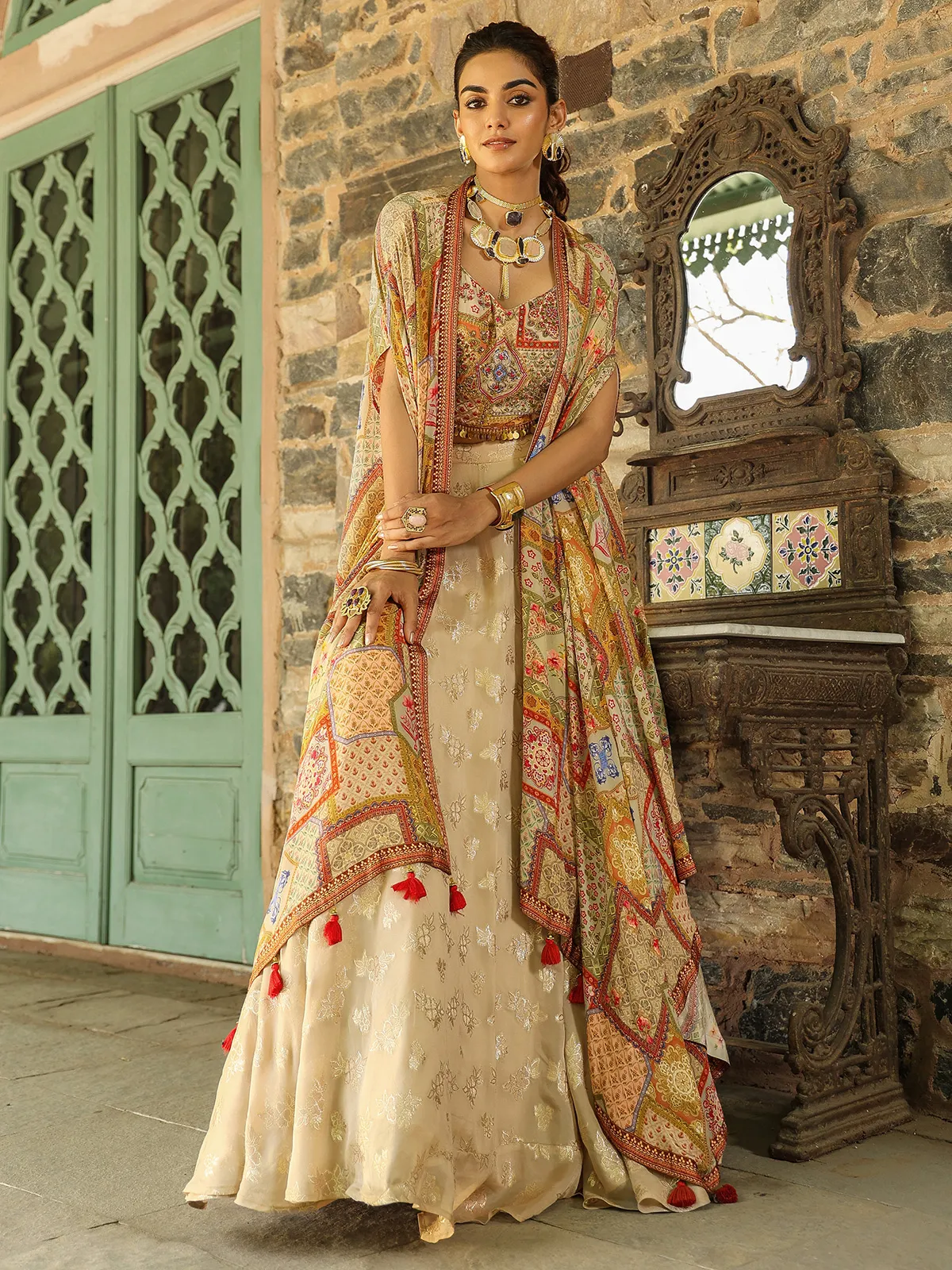 Printed cream silk palazzo suit with shrug