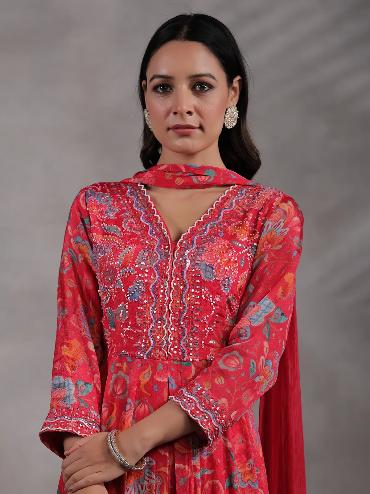 Printed dark pink georgette palazzo set