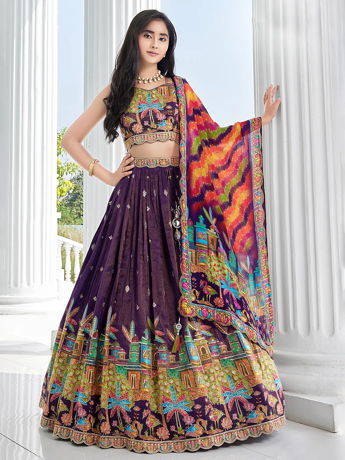 Printed dark purple silk lehenga choli