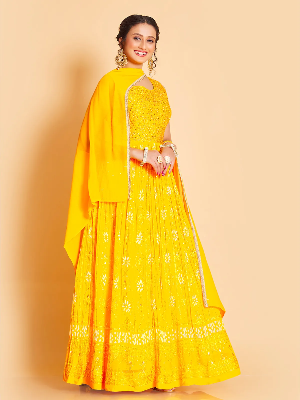 Printed georgette anarkali suit n yellow