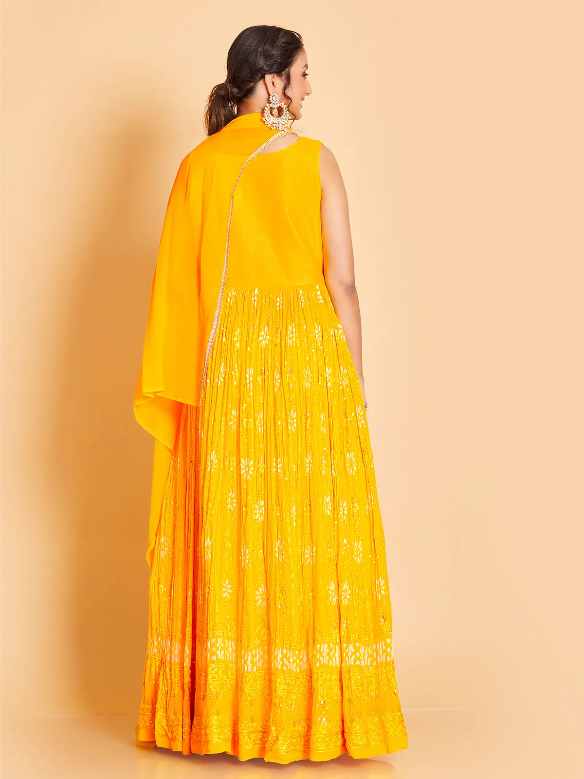 Printed georgette anarkali suit n yellow