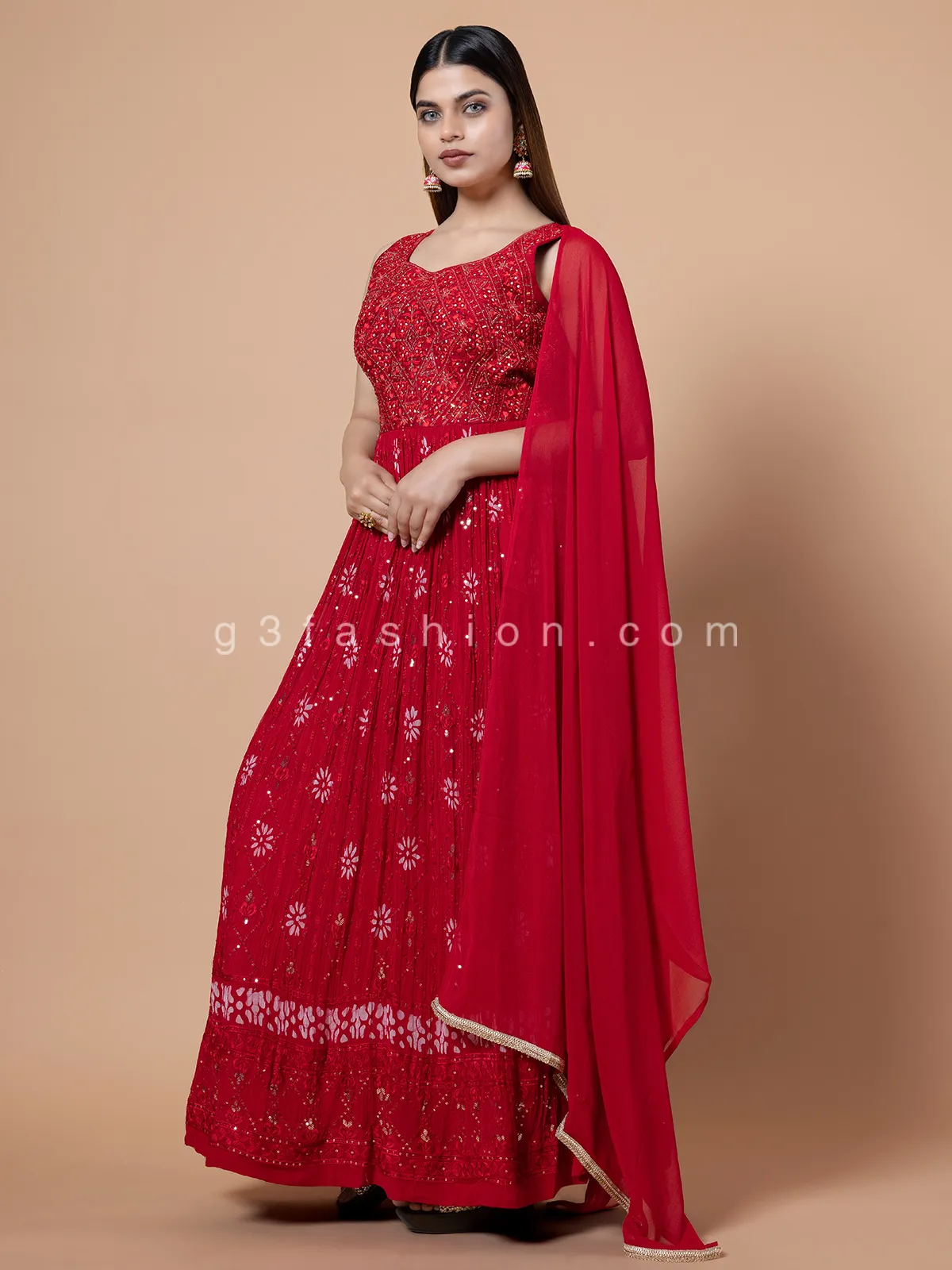 Printed georgette red anarkali suit