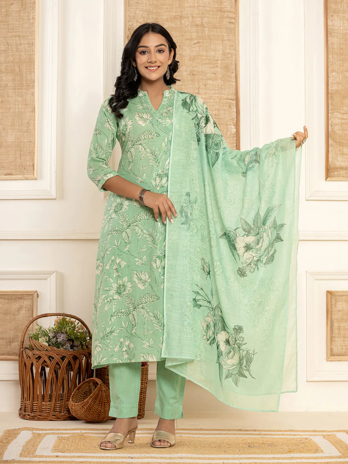 Printed green cotton kurti set
