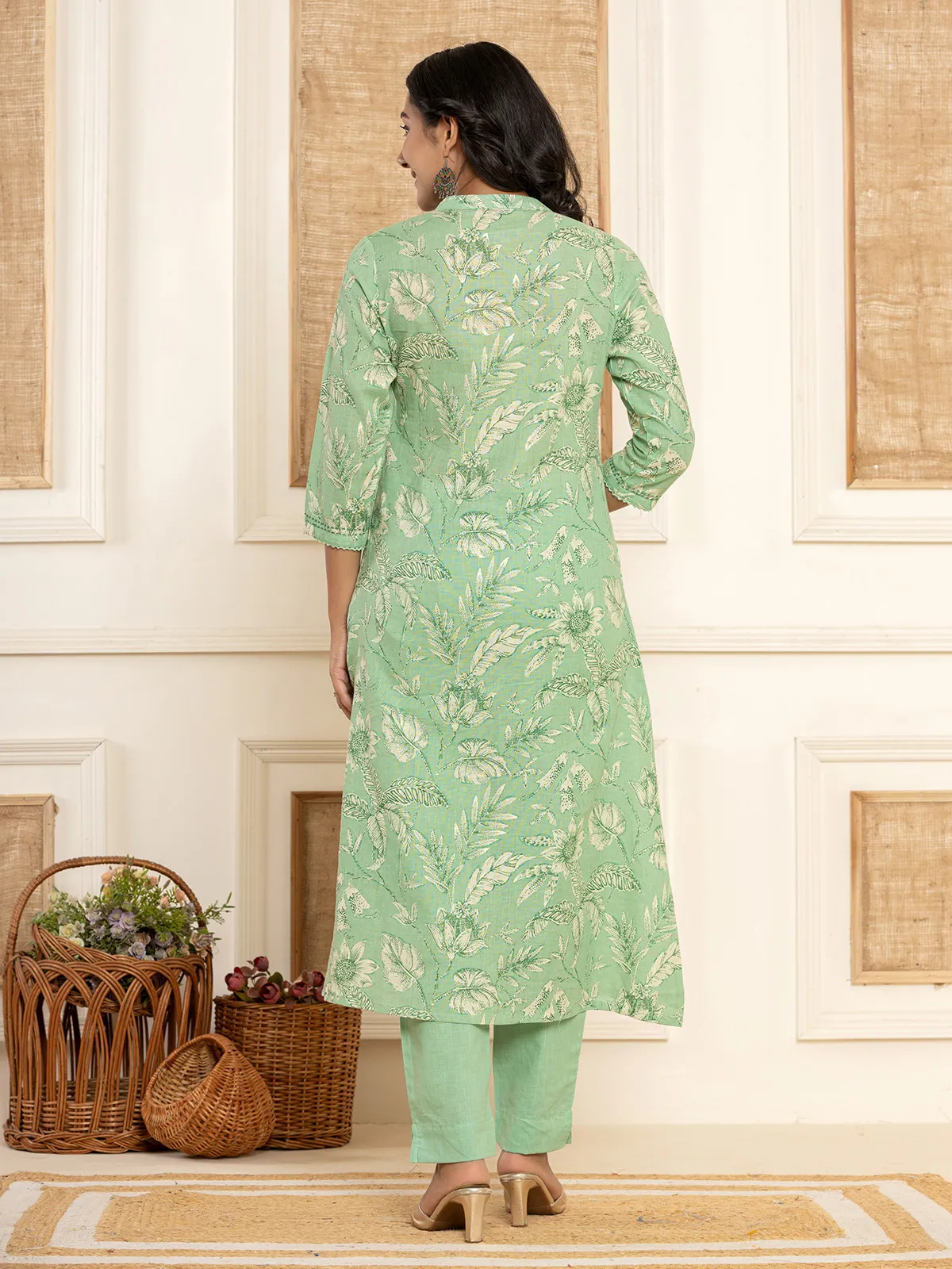 Printed green cotton kurti set