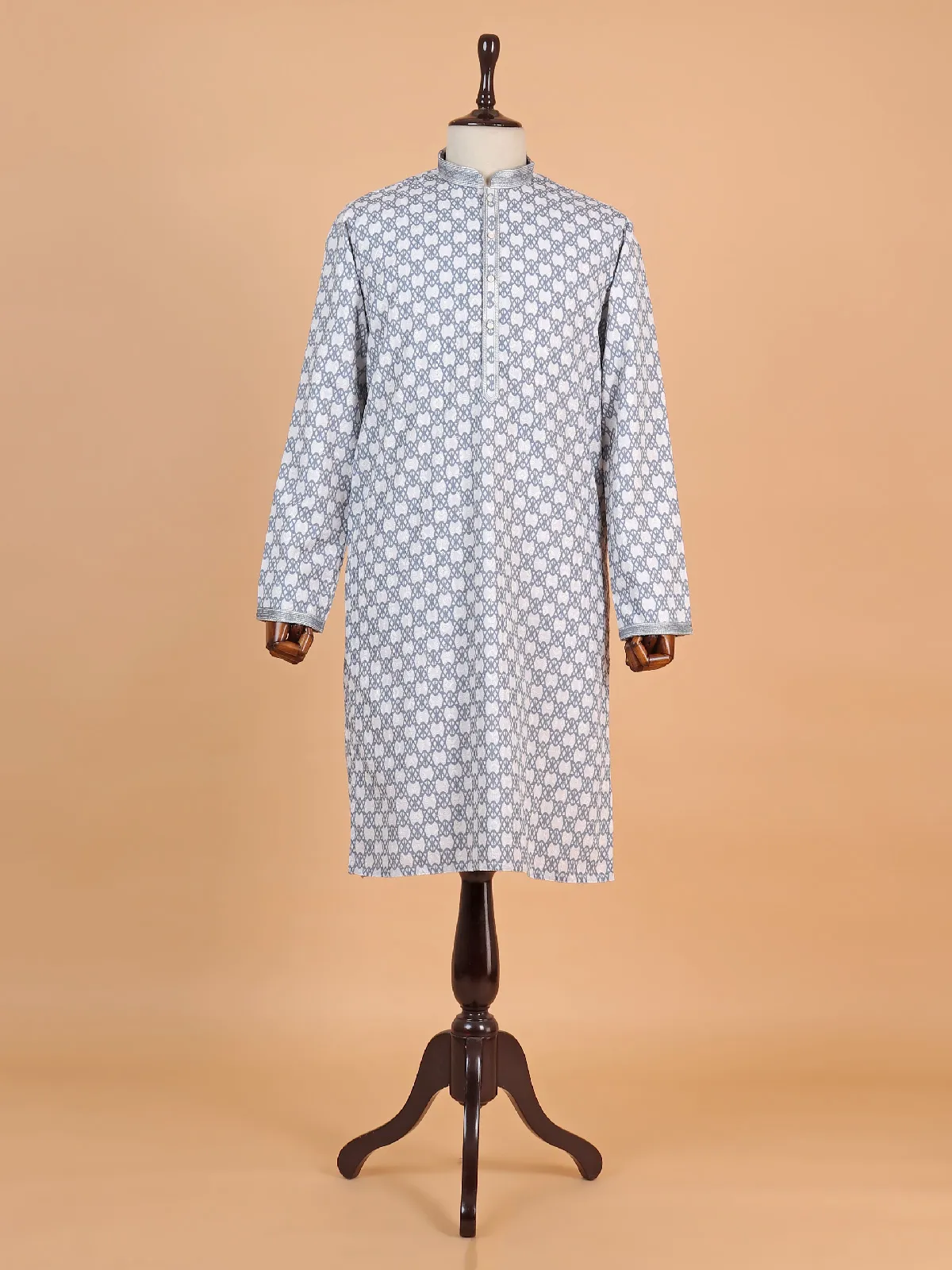 Printed grey and blue cotton festive wear kurta suit