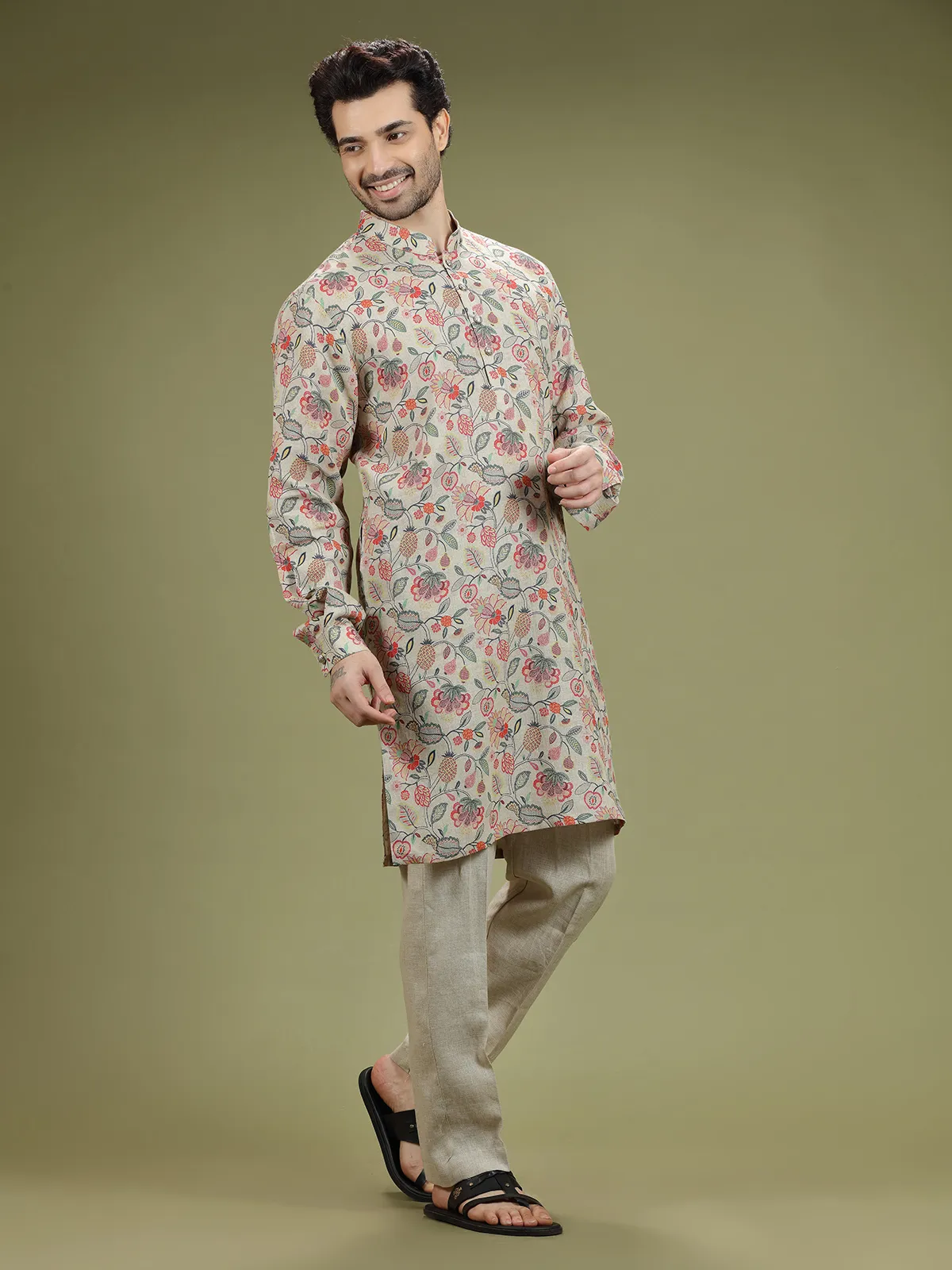 Printed linen beige  Men Kurta pajama