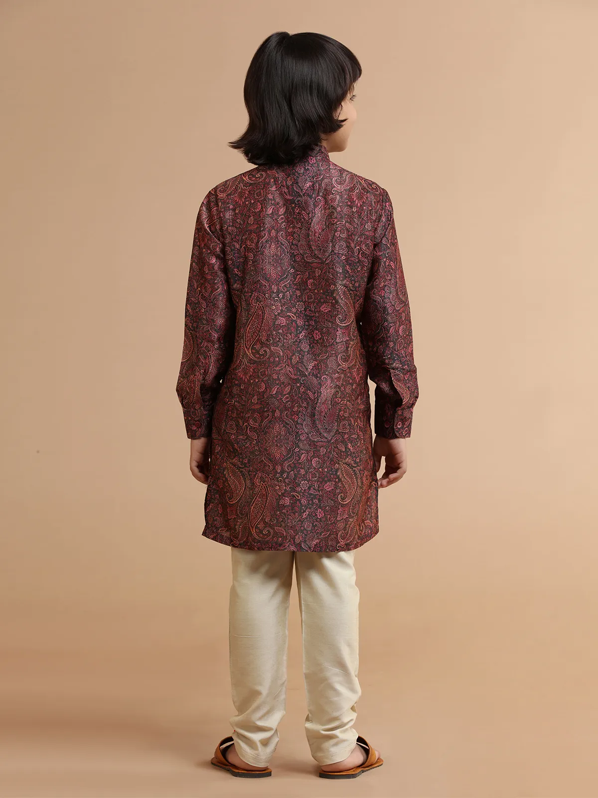 Printed maroon silk kurta suit