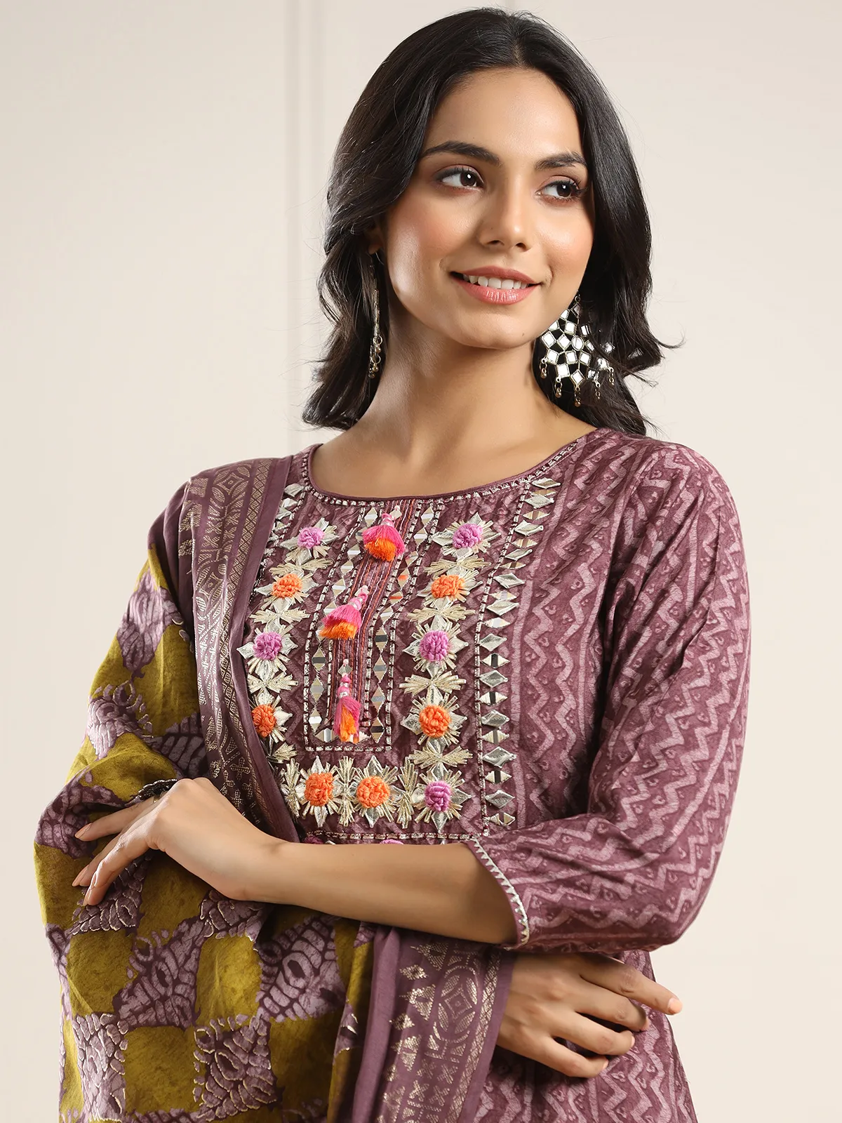 Printed mauve pink cotton kurti set