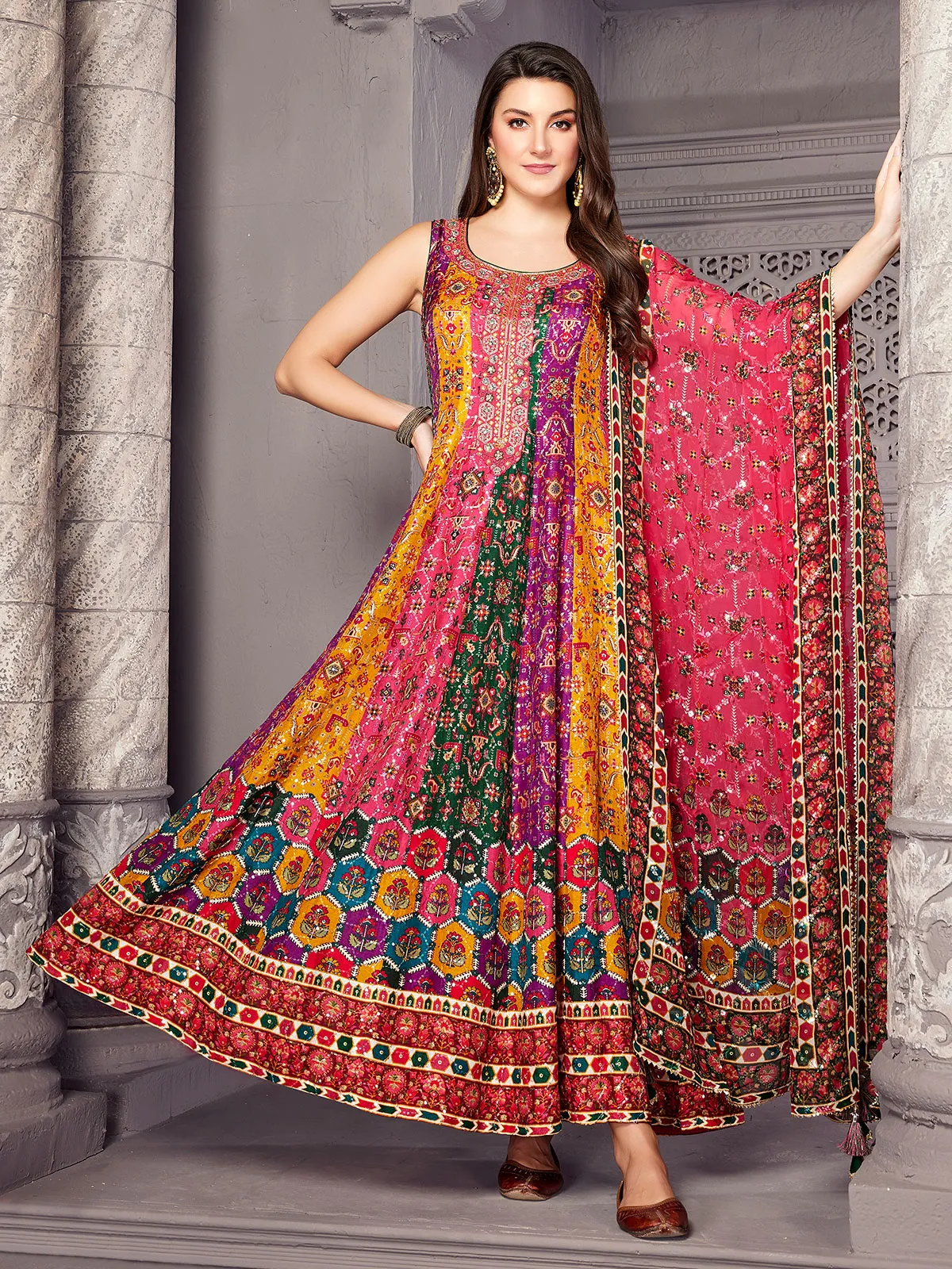 Printed multi color anarkali suit in silk