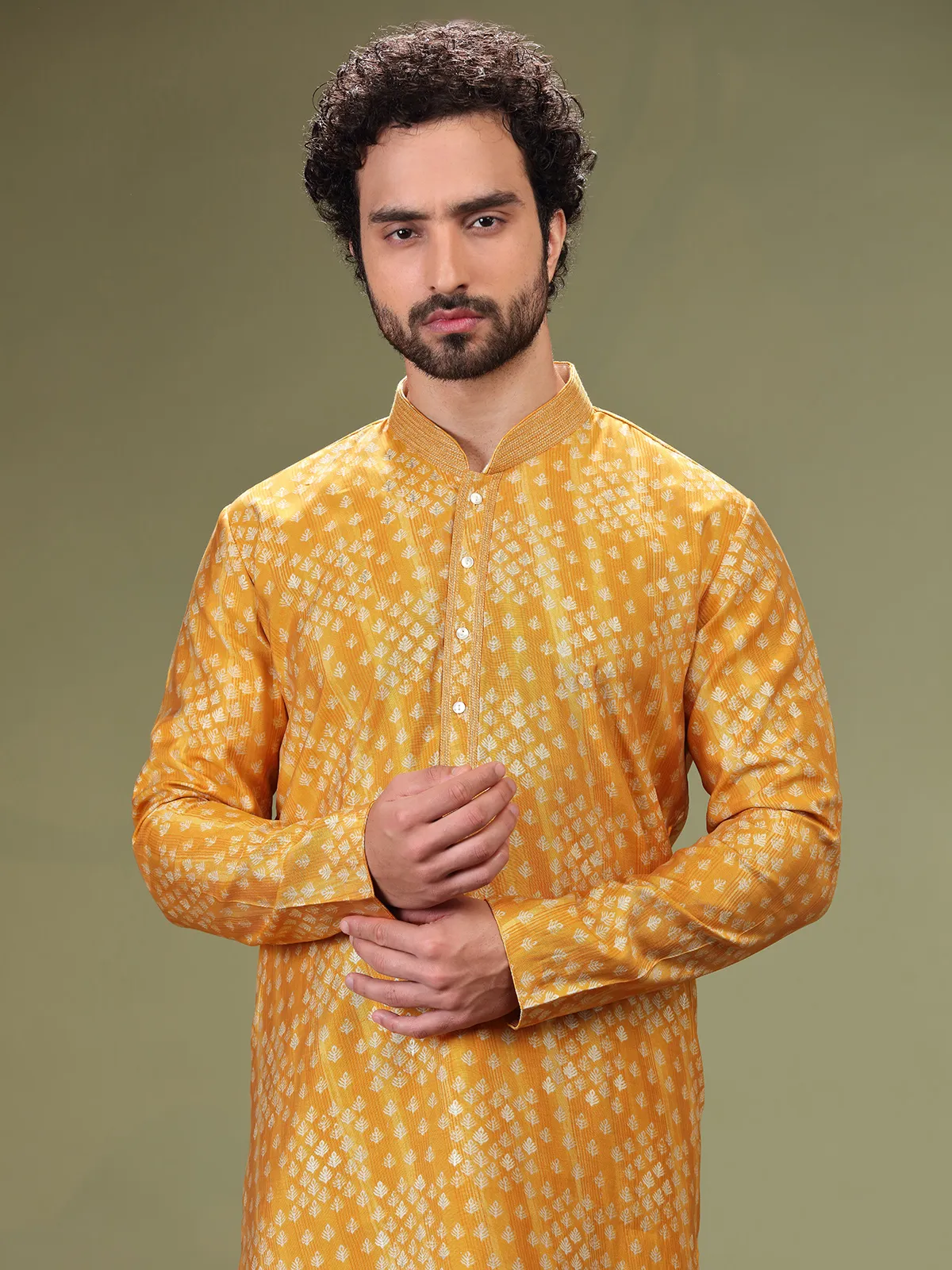 Printed mustard yellow cotton silk kurta suit