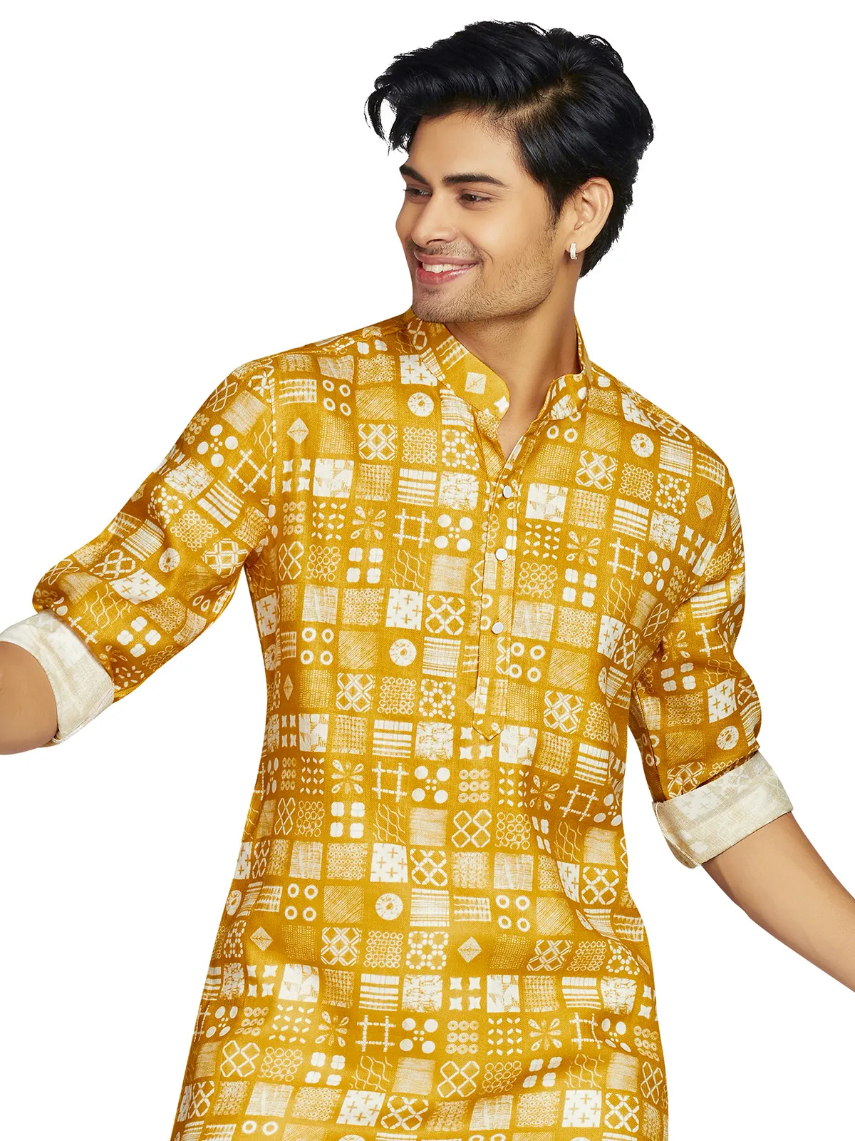 Printed mustard yellow kurta in cotton