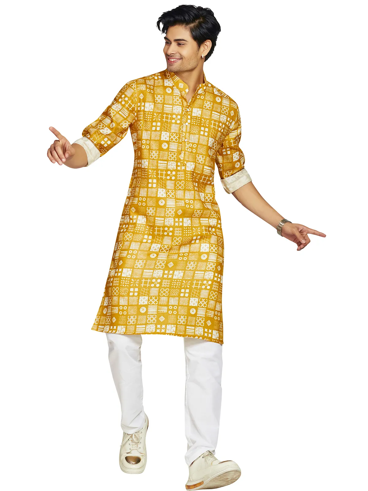 Printed mustard yellow kurta in cotton