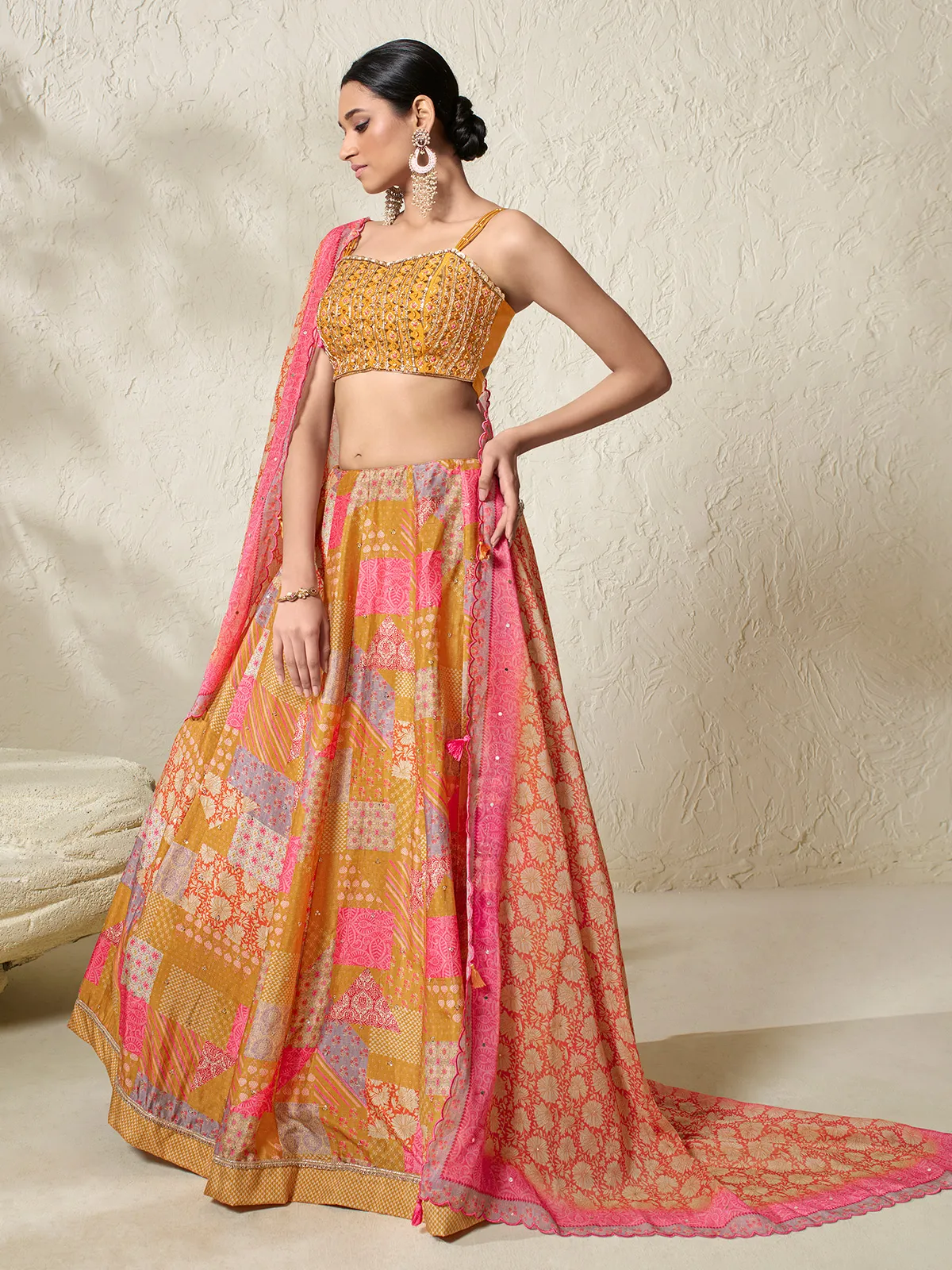 Printed mustard yellow silk lehenga choli