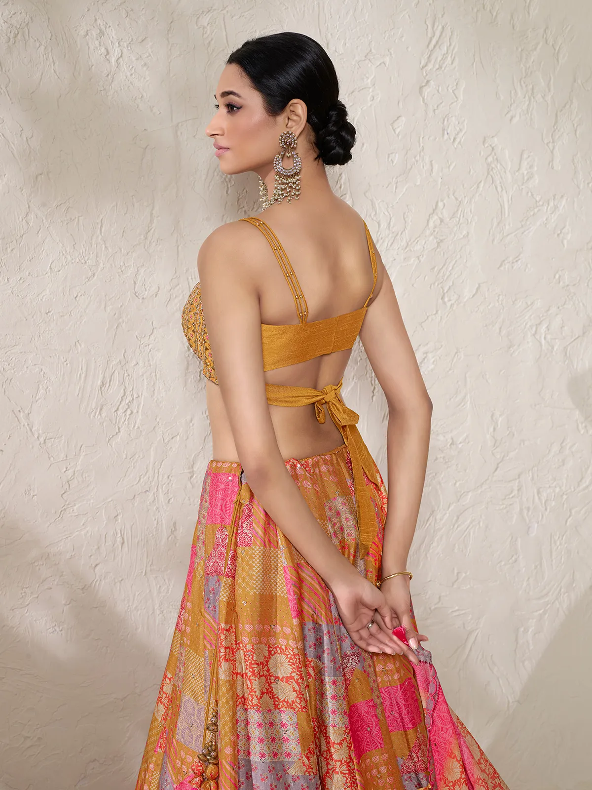 Printed mustard yellow silk lehenga choli