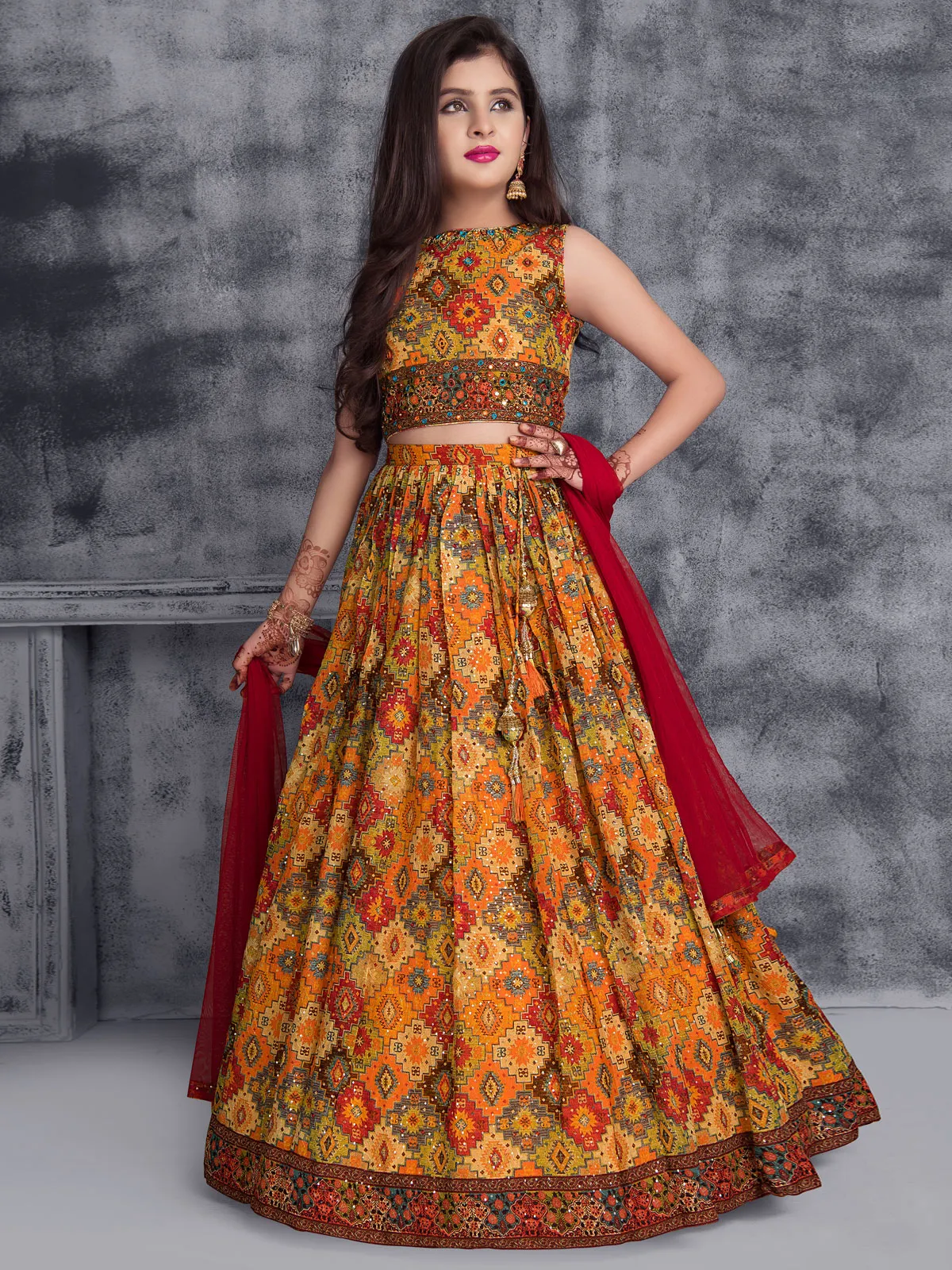 Printed orange georgette lehenga choli