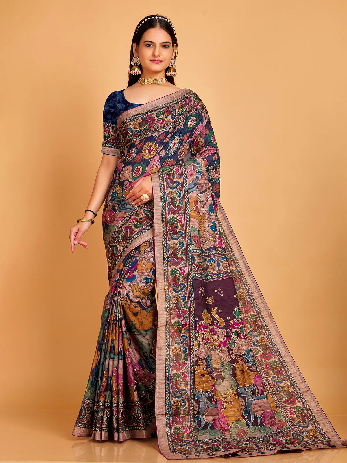 Printed navy and pink silk saree