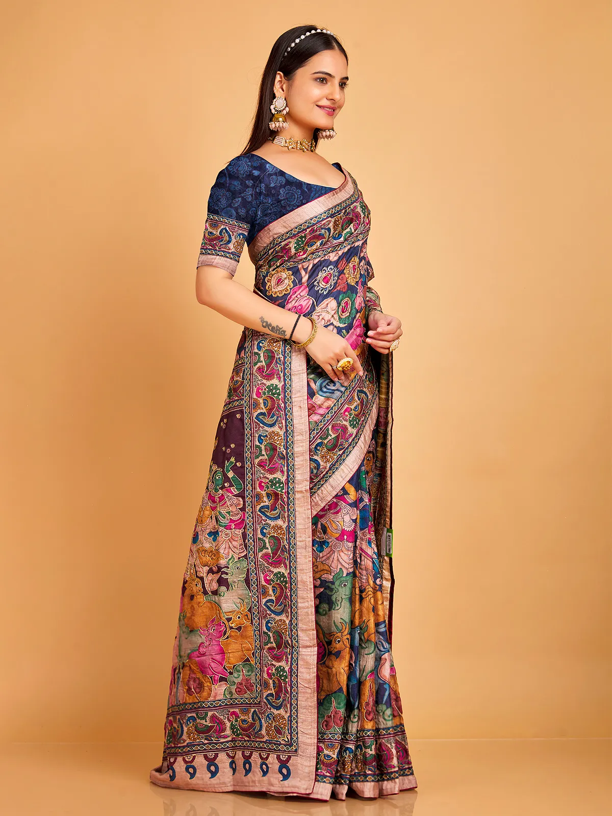 Printed navy and pink silk saree